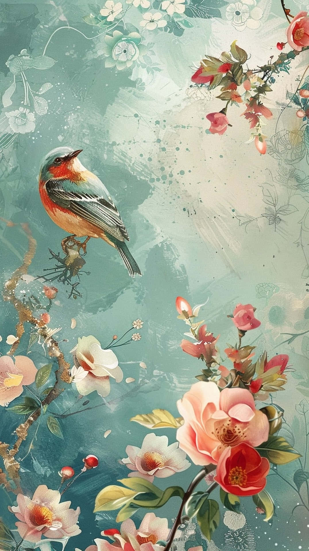 Springtime Birdand Blossoms Wallpaper