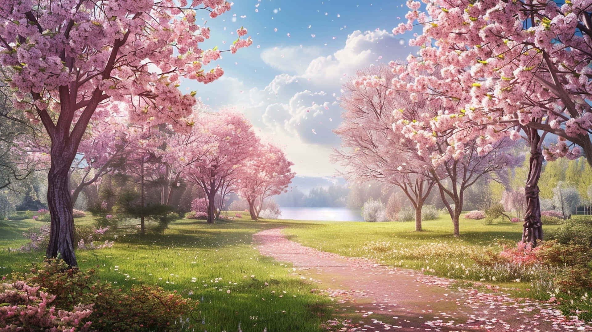 Springtime Blossom Path Landscape Wallpaper