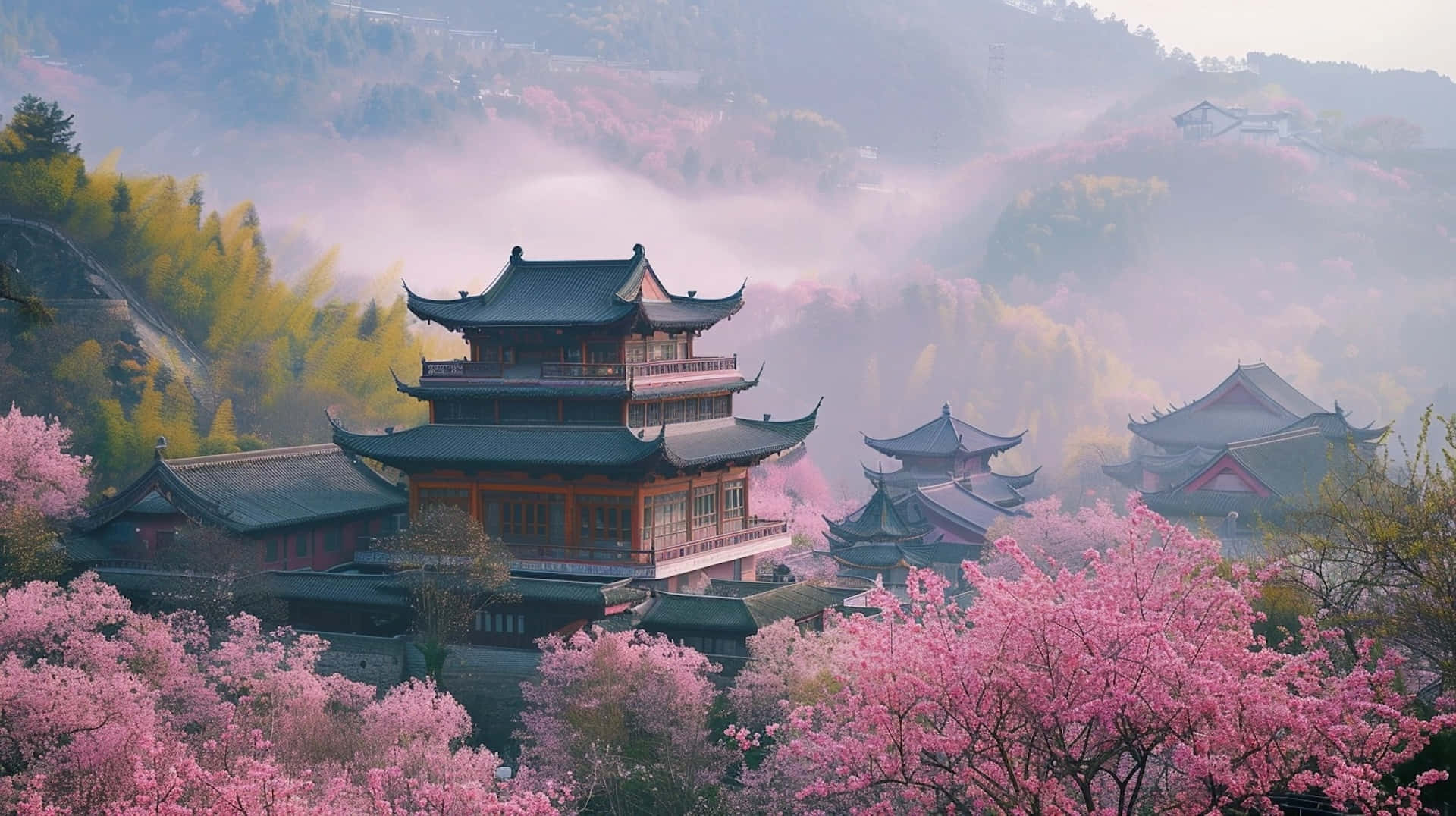 Springtime_ Blossoms_at_ Traditional_ Asian_ Temple Wallpaper