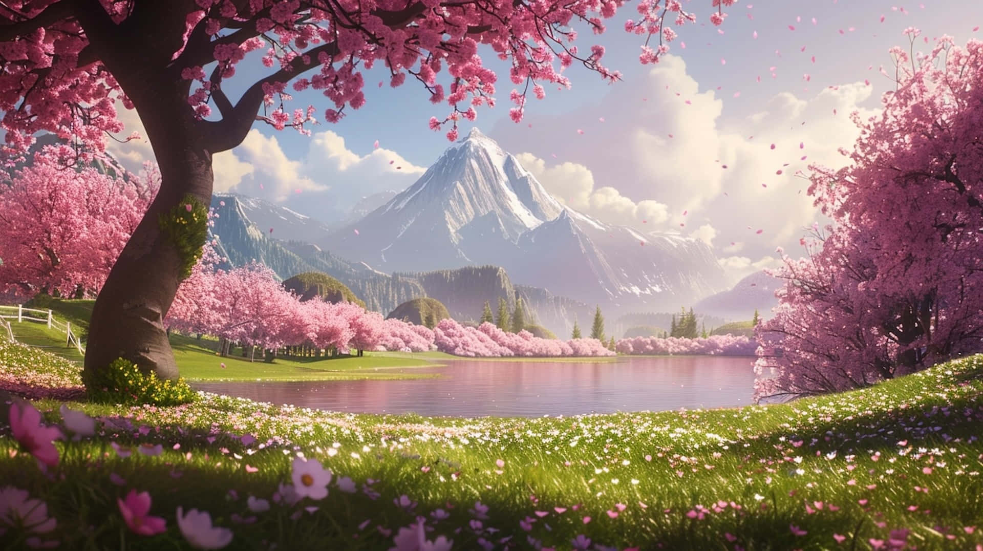 Springtime_ Cherry_ Blossoms_ Lake_ View Wallpaper