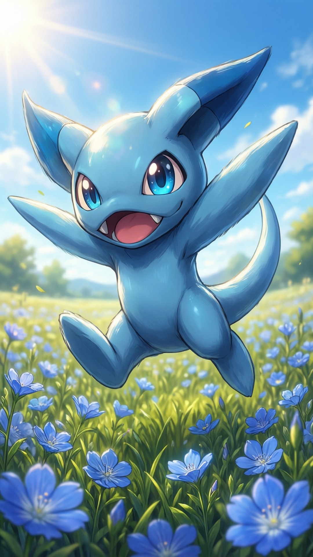 Glaceon leikkii sinisten kukkien kentällä