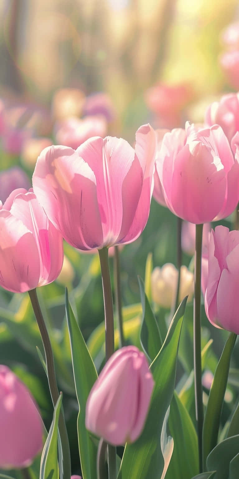 Springtime Pink Tulips Sunlit Garden Wallpaper