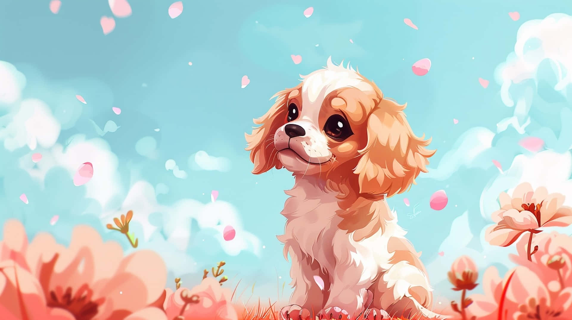 Springtime Puppy Anime Art Wallpaper