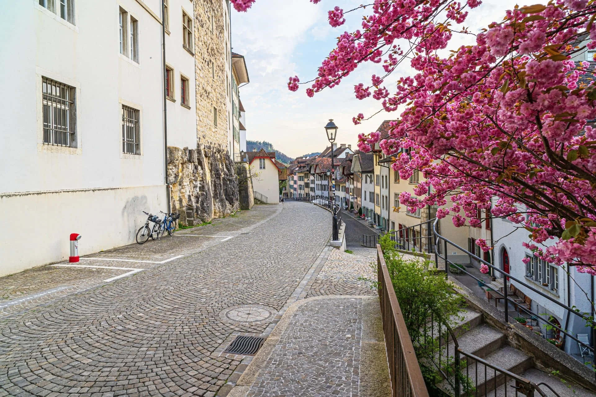 Springtimein Aarau Cobblestone Street Wallpaper