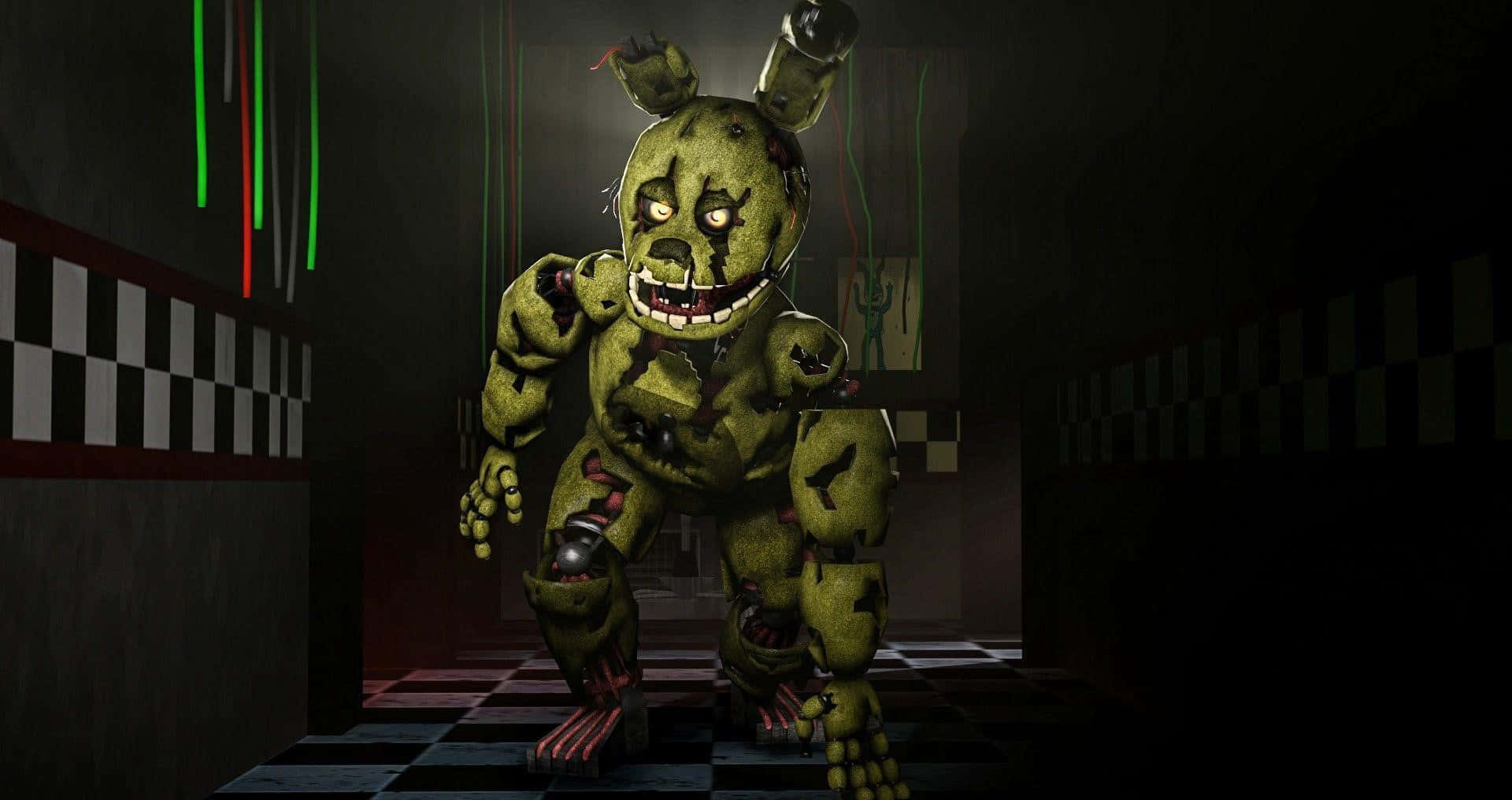 Creepy Springtrap Standing Tall in a Dimly Lit Abandoned Room Wallpaper