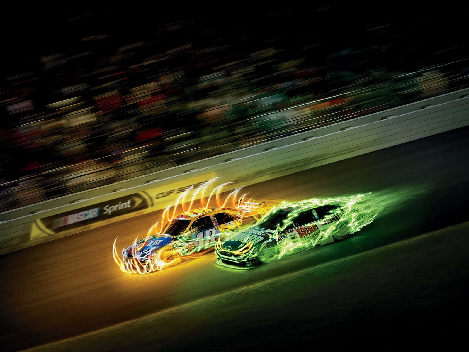 Two Nascar Cars In Flames On A Track Wallpaper