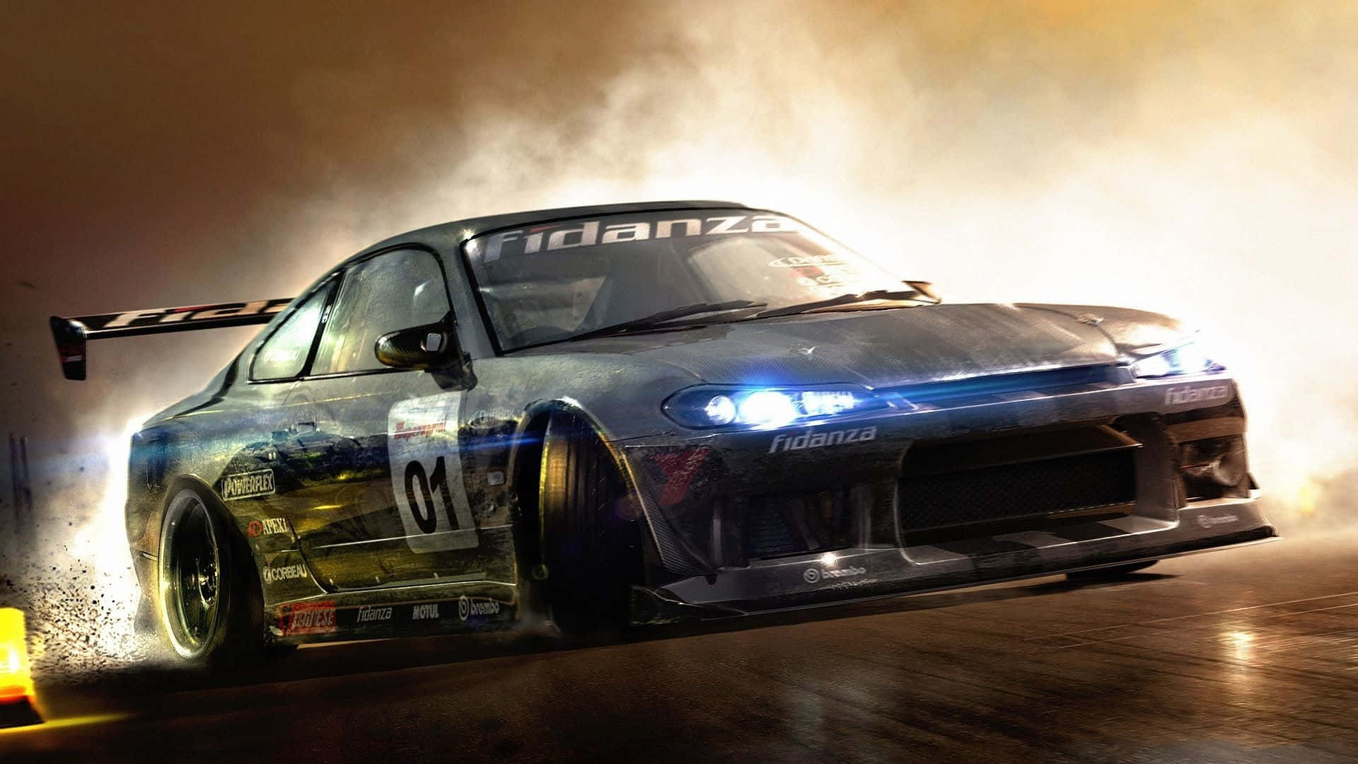 A Car Driving Down A Track With Smoke Coming Out Of It Wallpaper
