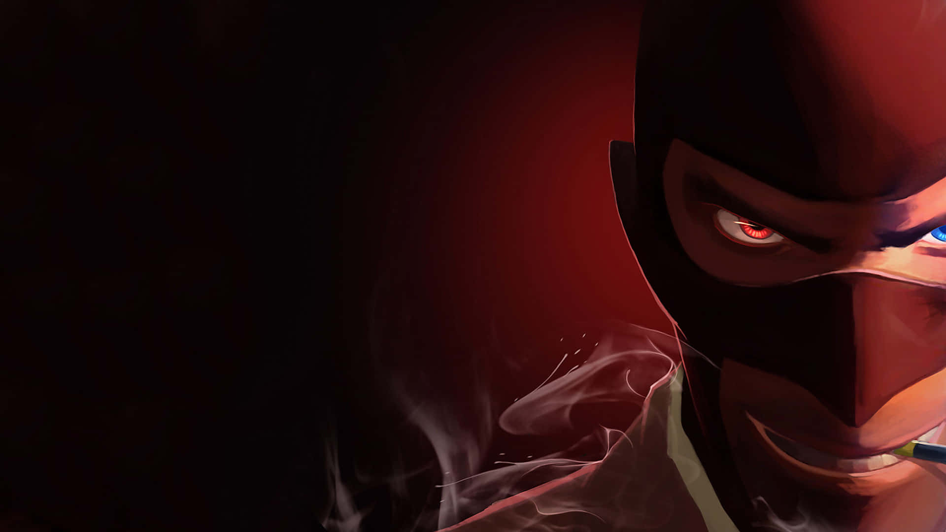 A Man In A Red Mask Is Smoking A Cigarette