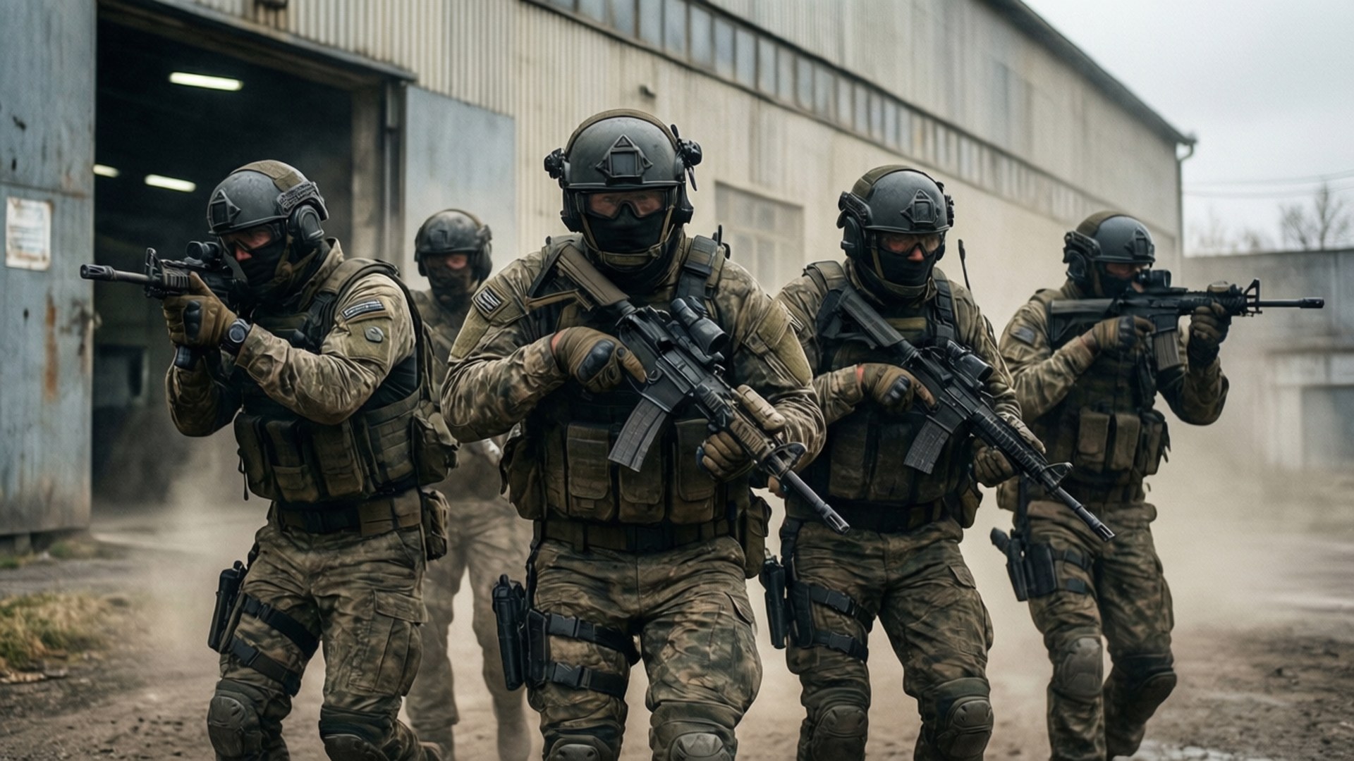 En taktisk gruppe af operatører, der rykker frem i en Tarkov industrizone.
