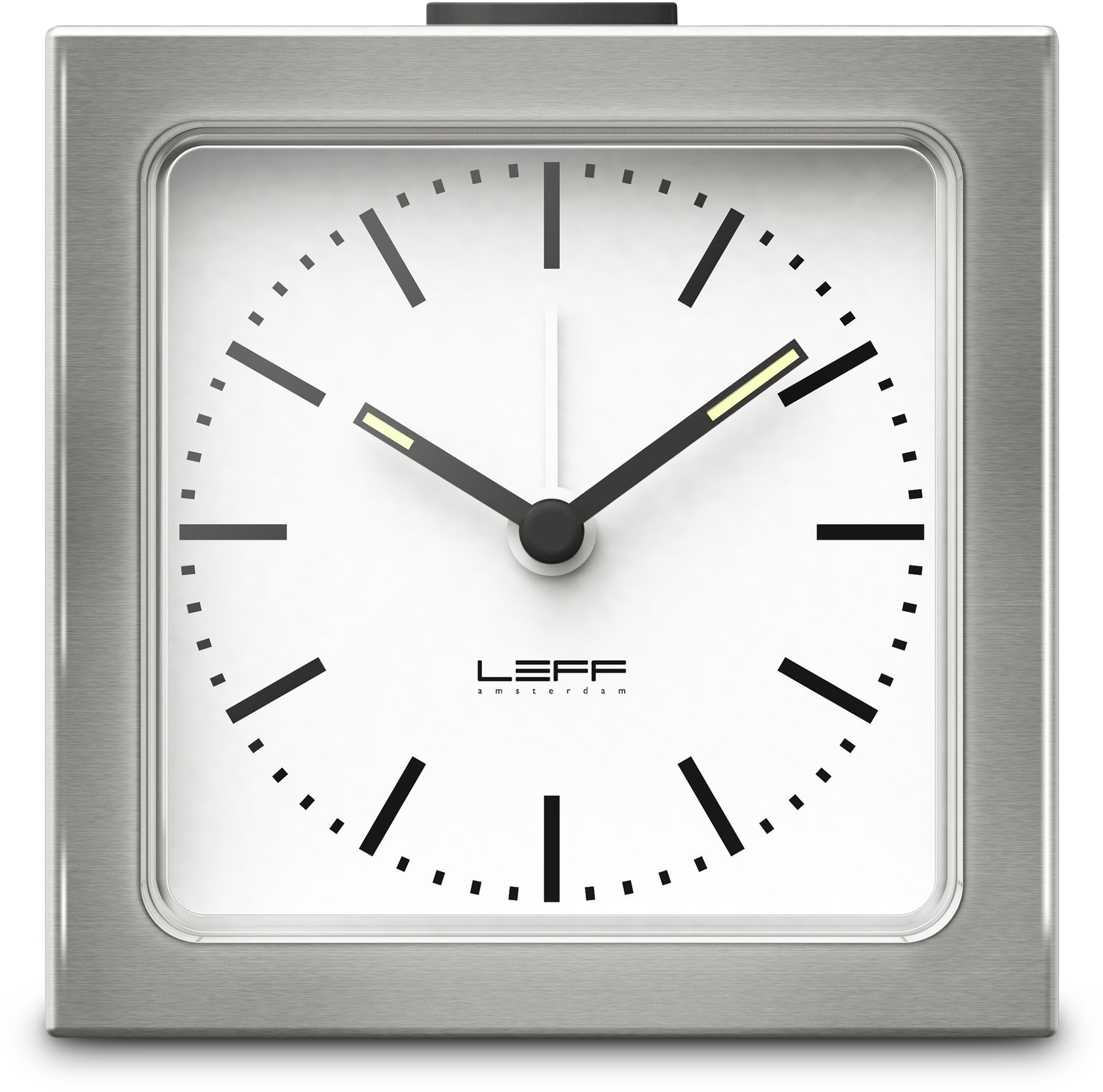 Modern Silver Framed White Clock PNG — A minimalist square wall clock with brushed metal frame and white face featuring black hour markers and glowing yellow-tipped hands.