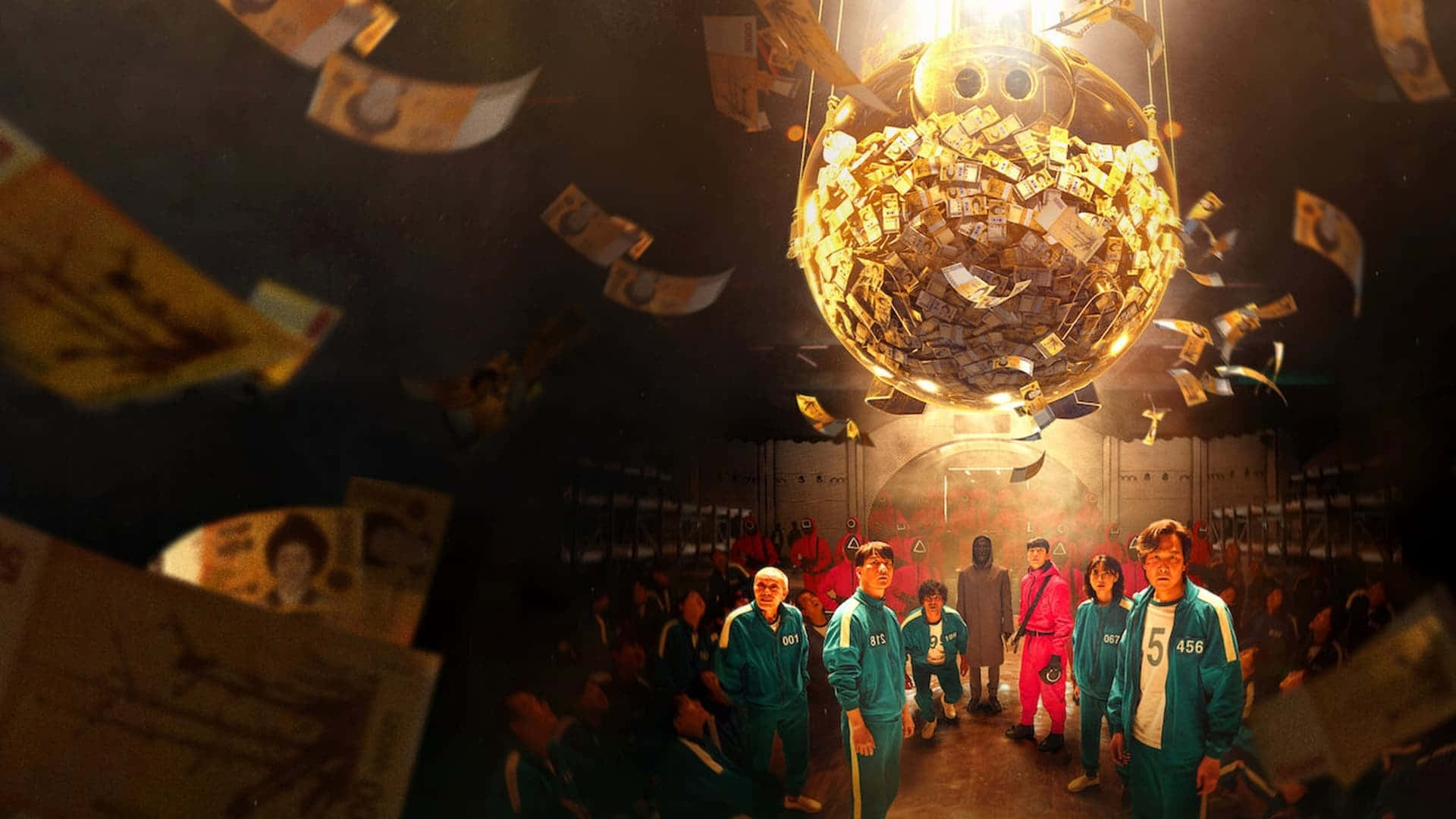 A Group Of People Standing In Front Of A Large Ball Of Money