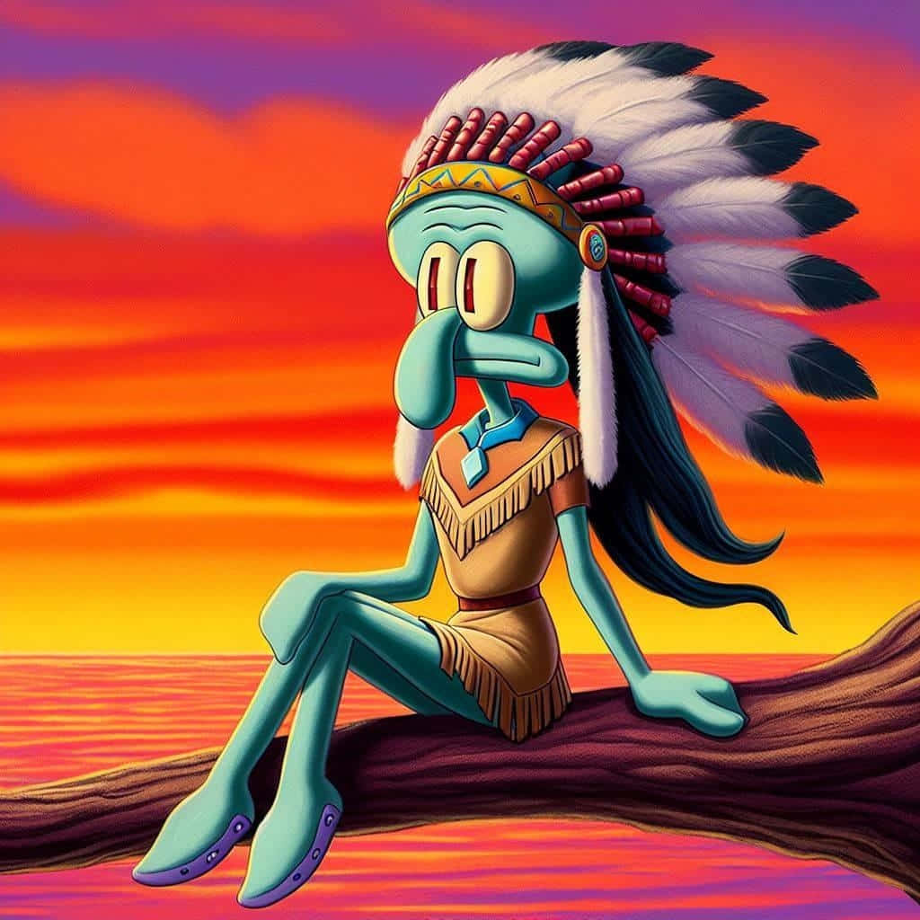 Squidward Native American Headdress Sunset Wallpaper