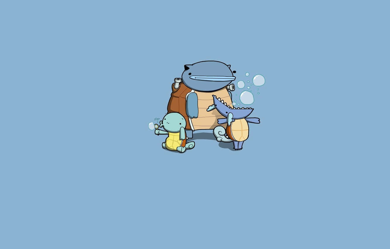 Squirtle, Wartortle, And Blastoise Making Bubbles Wallpaper
