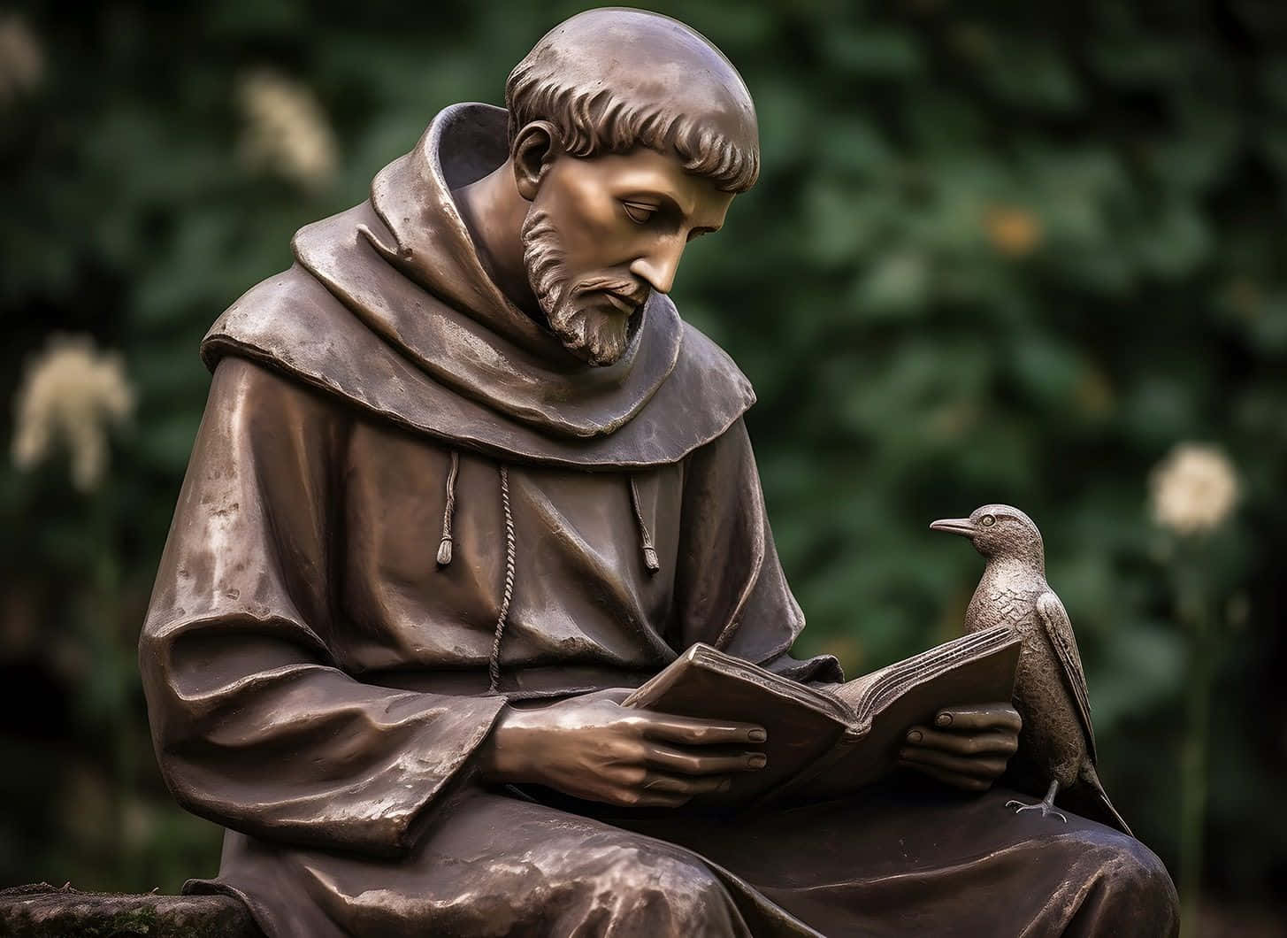 St. Franciscus Standbeeld Met Vogel Achtergrond