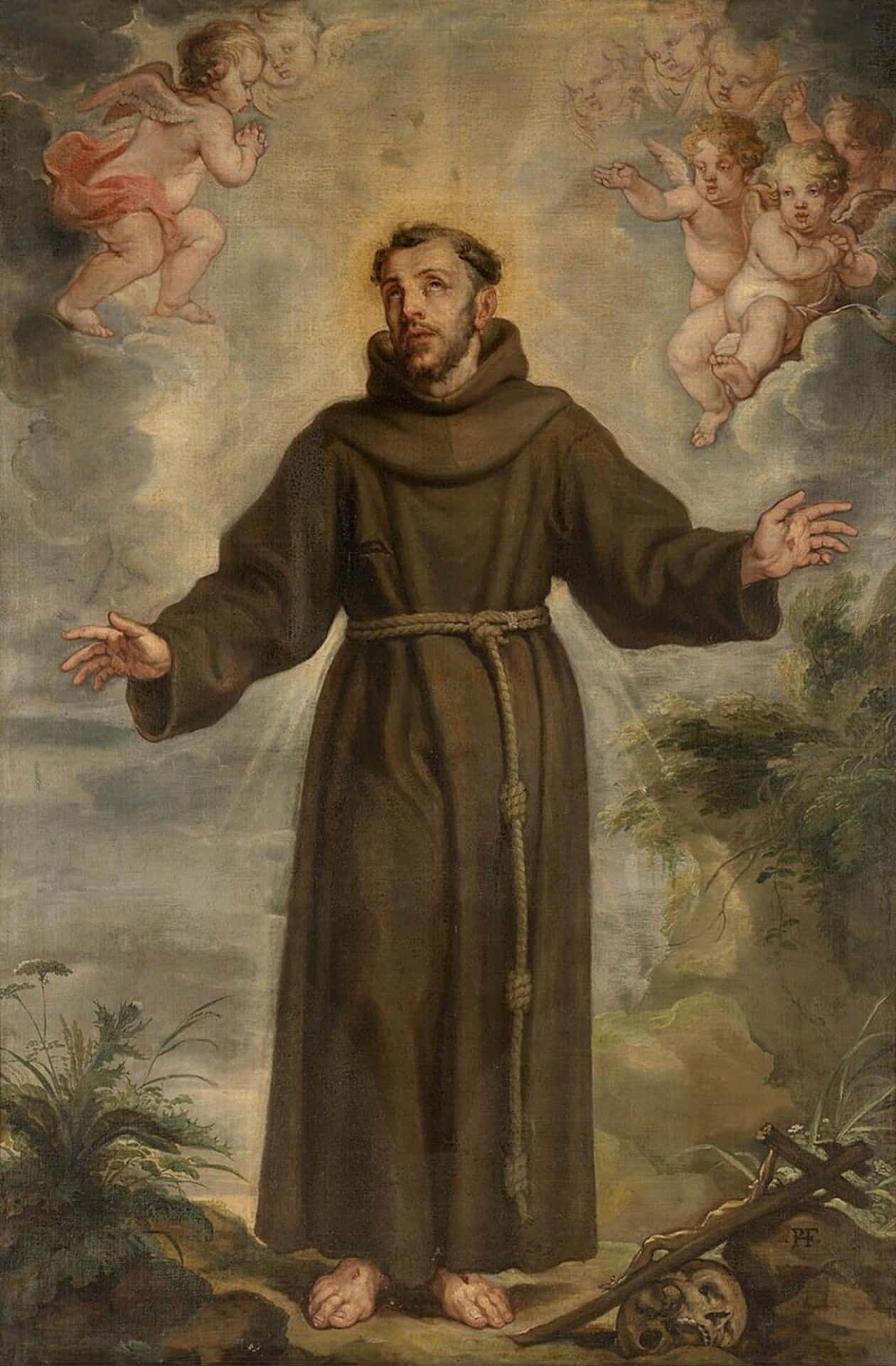 St. Franciscus Van Assisi Met Cherubs Achtergrond