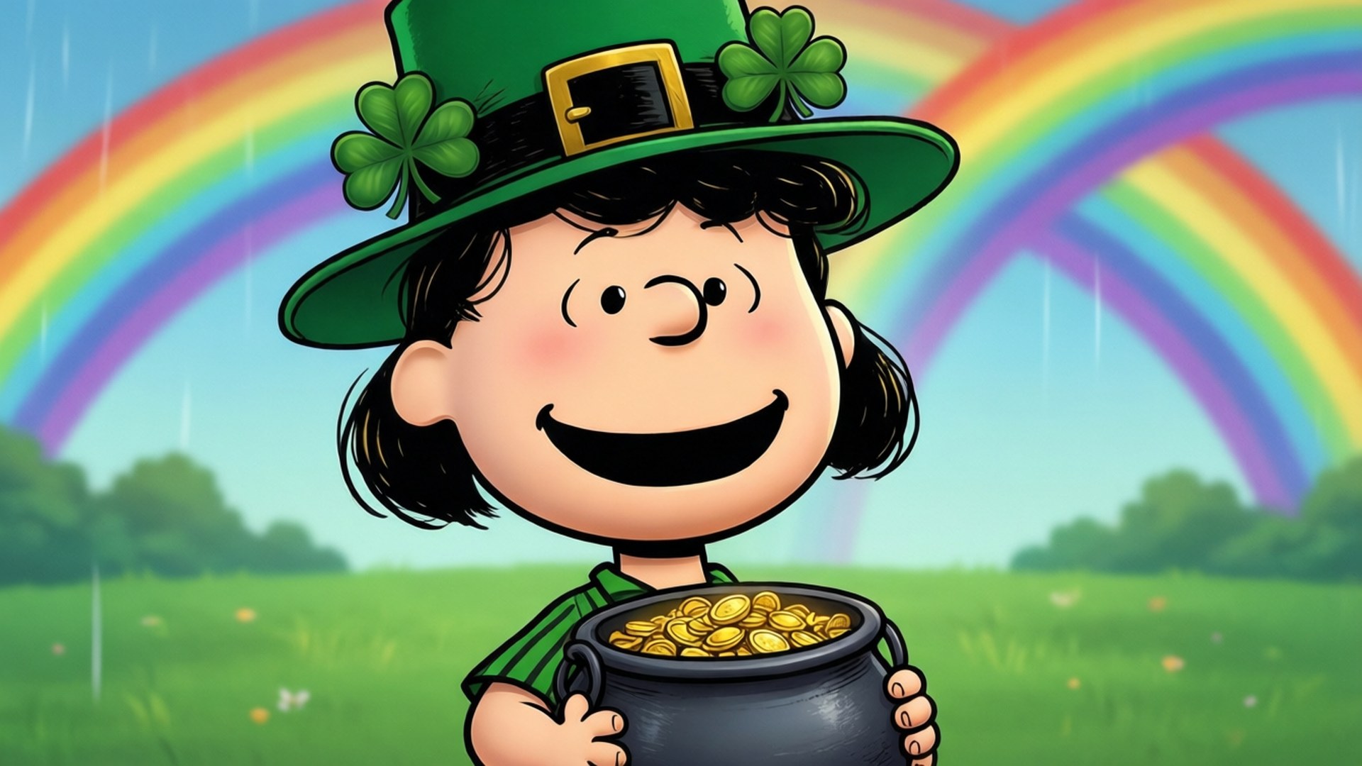 Lucy feiert St. Patrick's Day mit Kleeblättern und Gold.