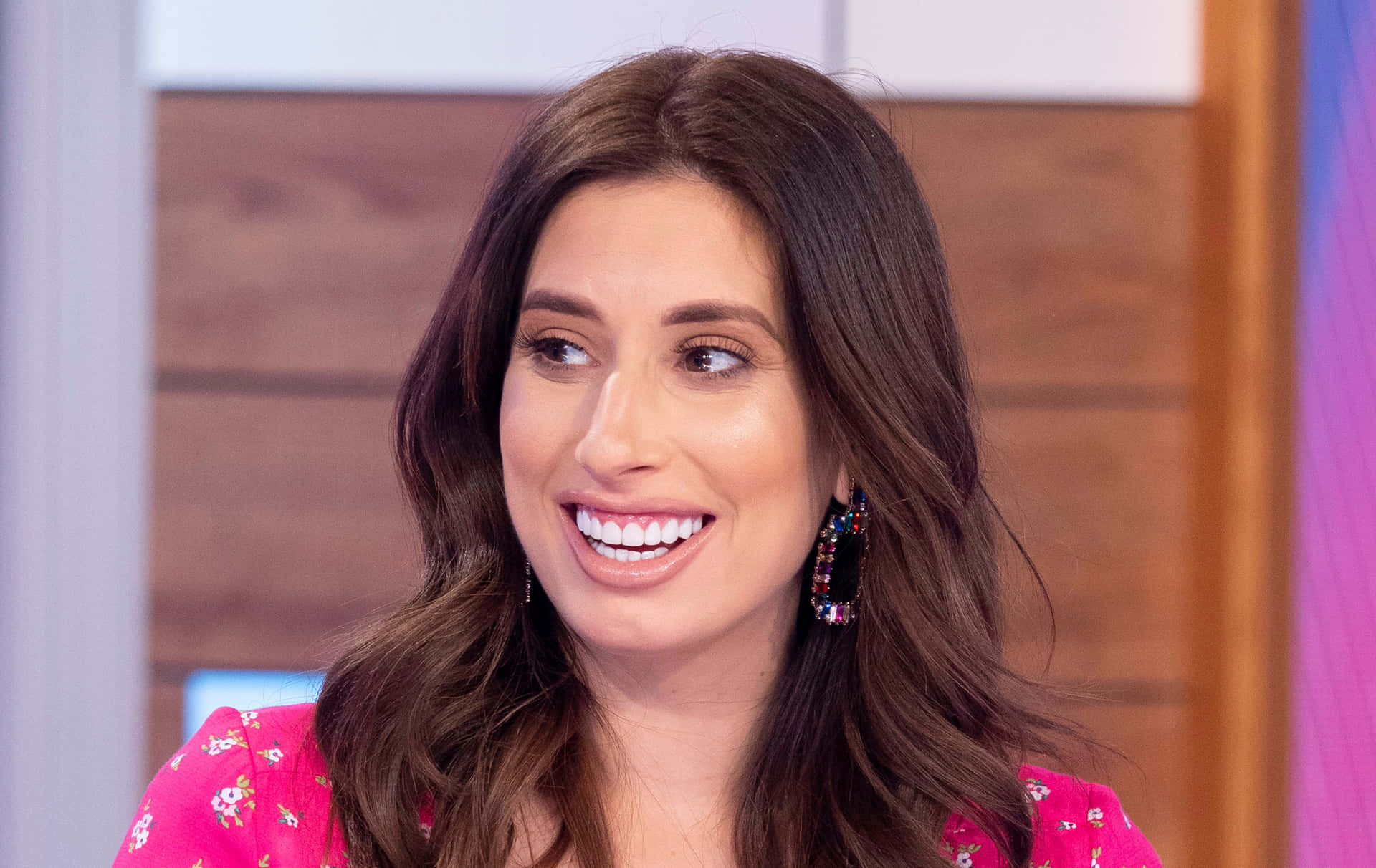 Stacey Solomon Smiling During T V Appearance Wallpaper