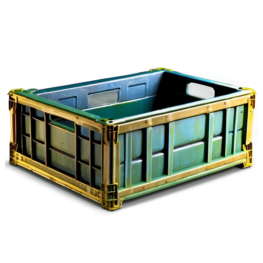 Stackable Crate PNG 26 PNG — A teal plastic crate with gold trim glows softly against a muted green background.