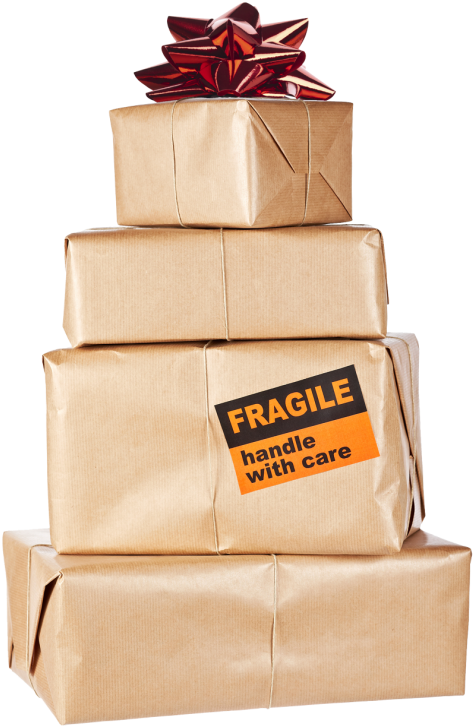 Stacked Brown Packages With Fragile Label PNG