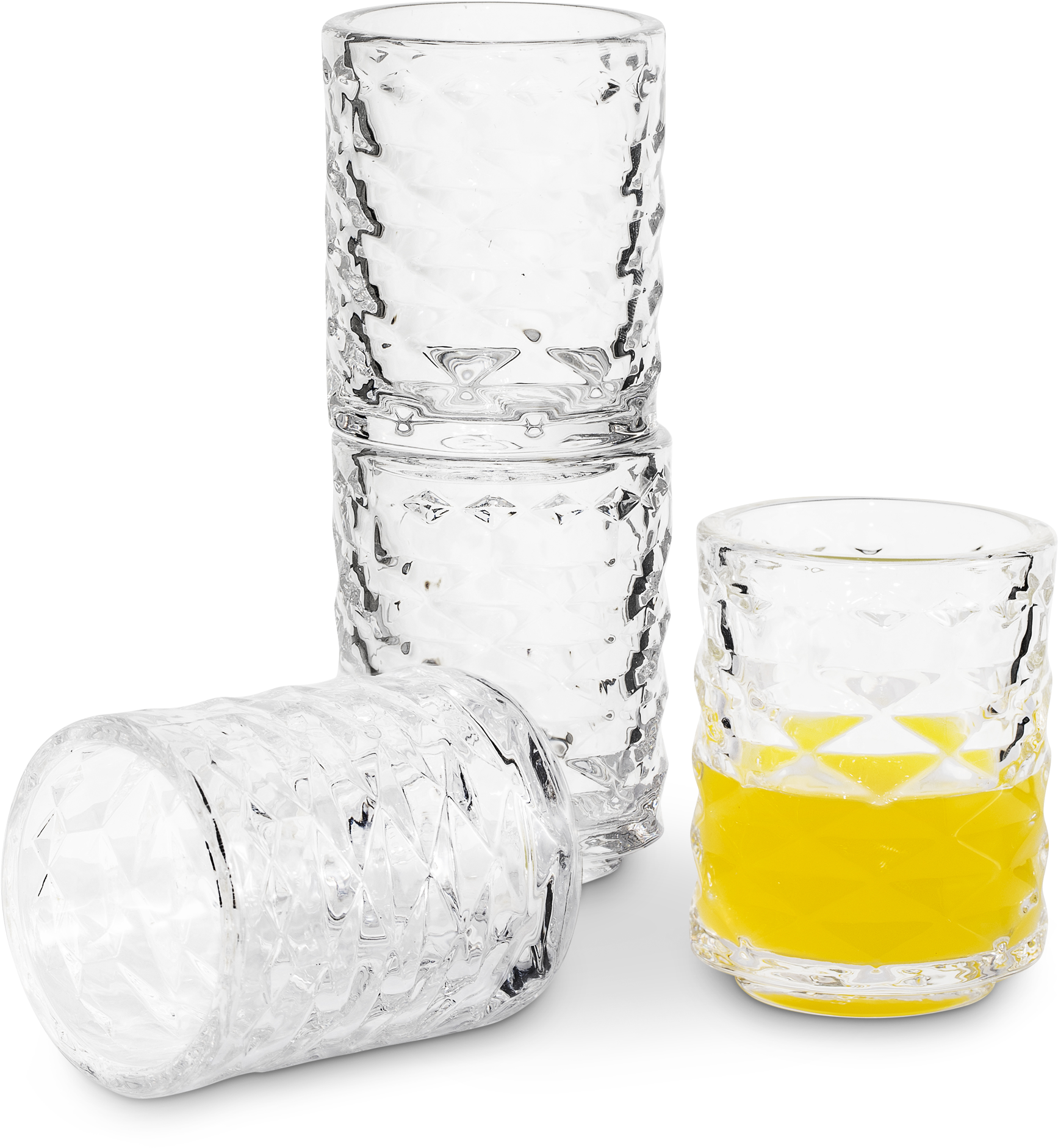 Stacked Crystal Glasses With Yellow Liquid PNG