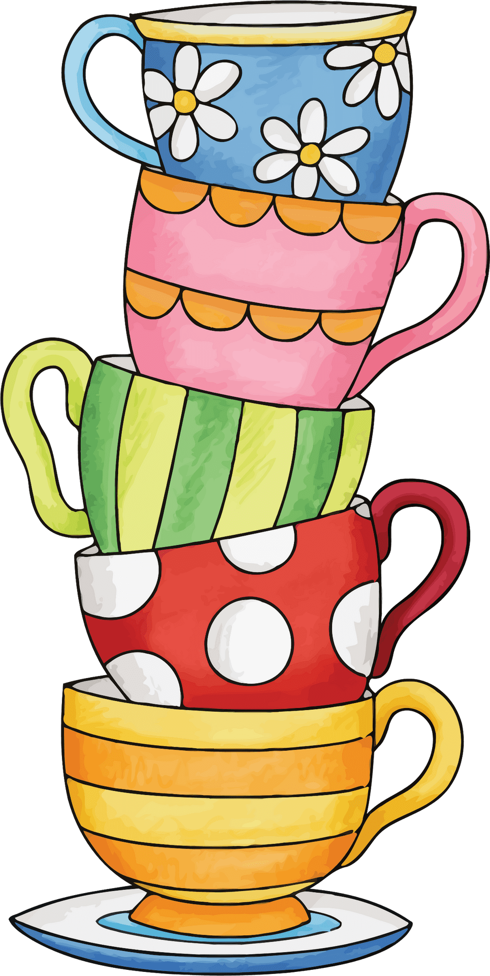 Stacked Teacups Colorful Illustration PNG
