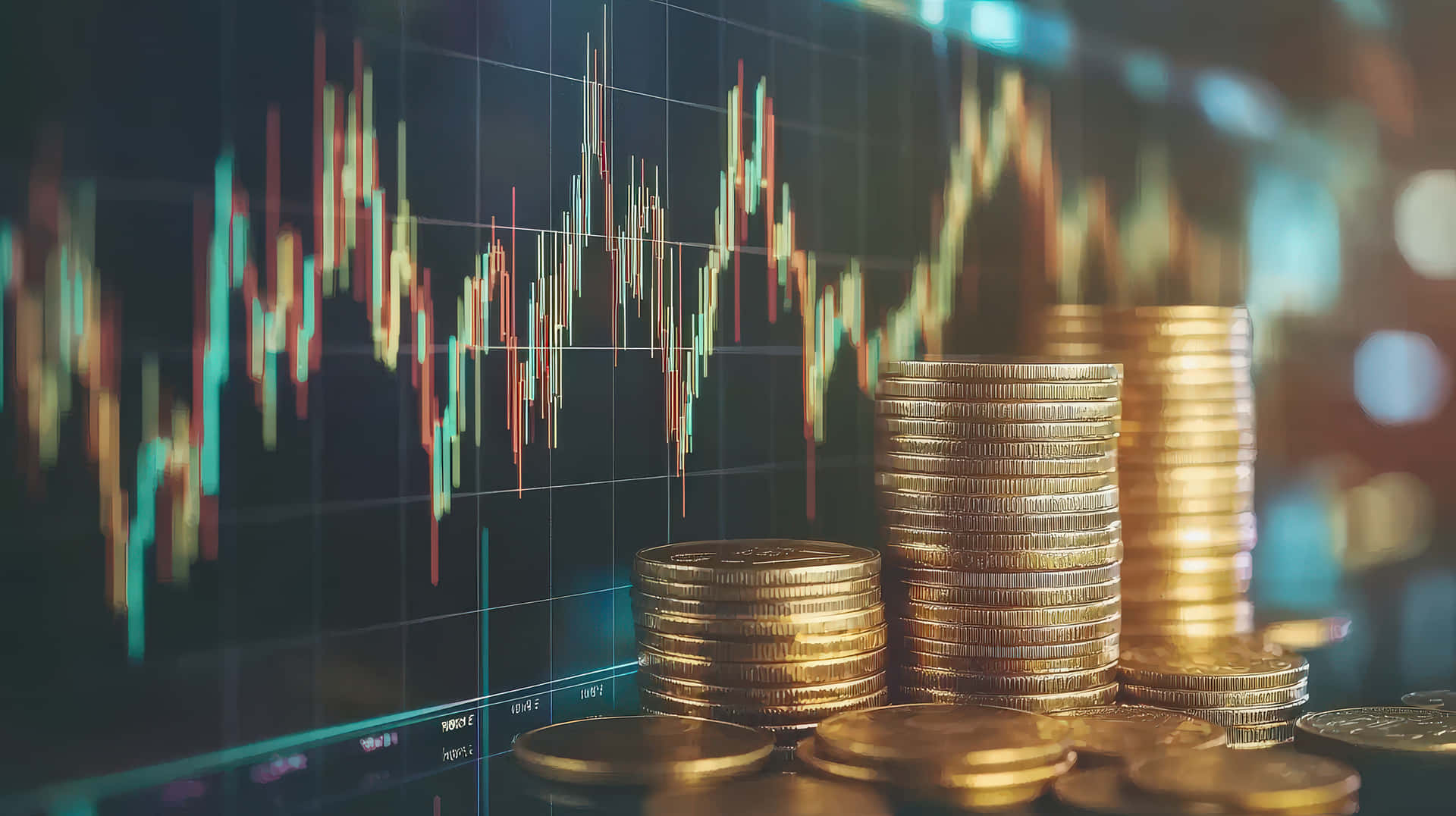 Stacks Of Gold Coins In Front Of A Stock Market Chart With Fluctuating Graphs Wallpaper