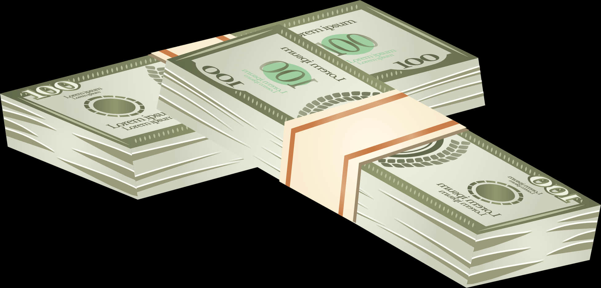 Stacksof Cash Illustration PNG — Three stacks of hundred-dollar bills bound with orange bands arranged in a triangular formation against a black background.