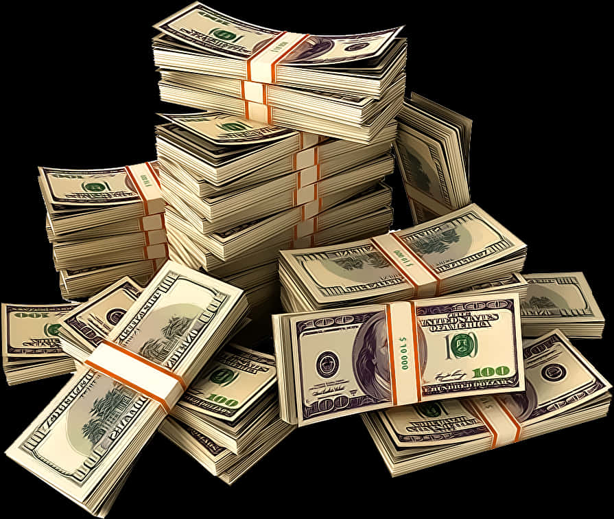 Stacksof U S Dollars Wallpaper — Tall stacks of bundled hundred dollar bills spill across a stark black background in a chaotic pile.