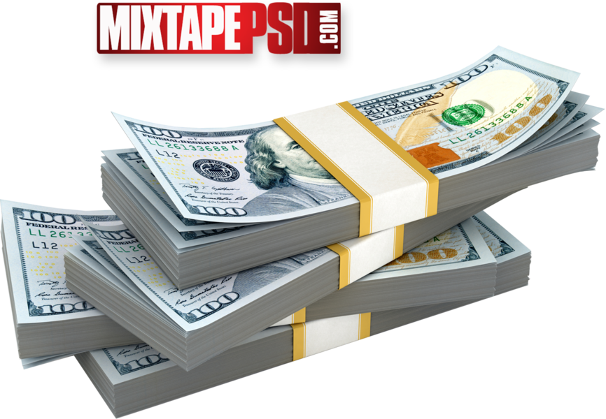 Pinoja Yhdysvaltain 100 dollarin seteleitä, joissa on setelinauha, hieman viuhkamaisesti levitettynä, esillä läpinäkyvällä taustalla, jossa on vesileima "MIXTAPEPSD.COM".