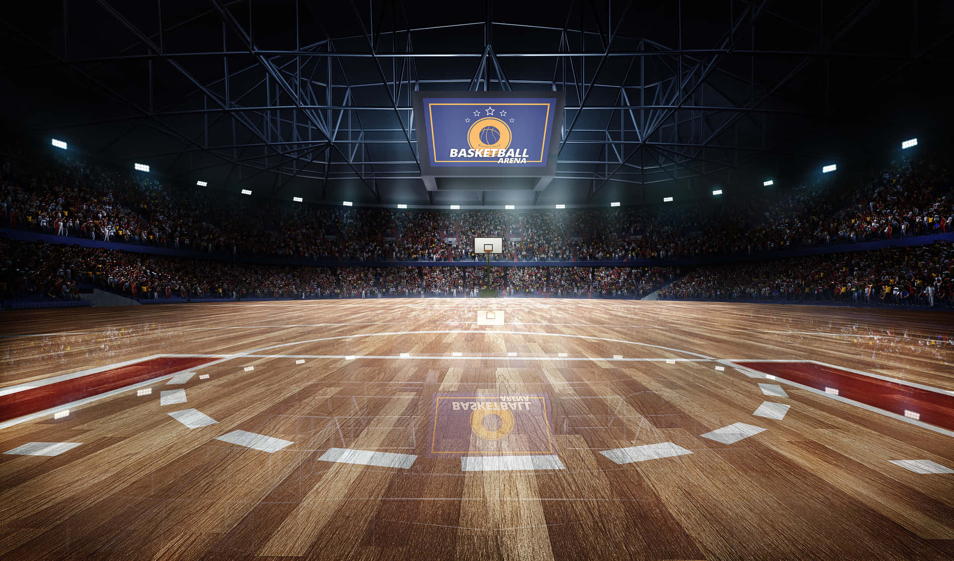 An Empty Basketball Court With Lights On