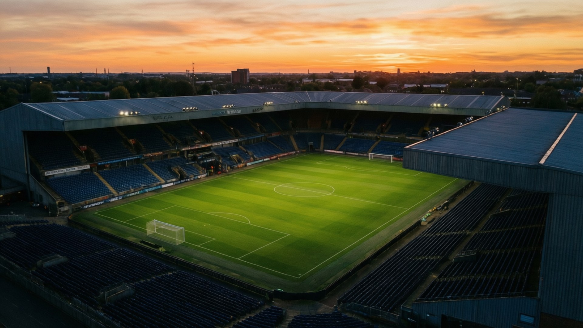 Una foto aerea con drone del campo di casa del Salford immersa nei colori del tramonto.