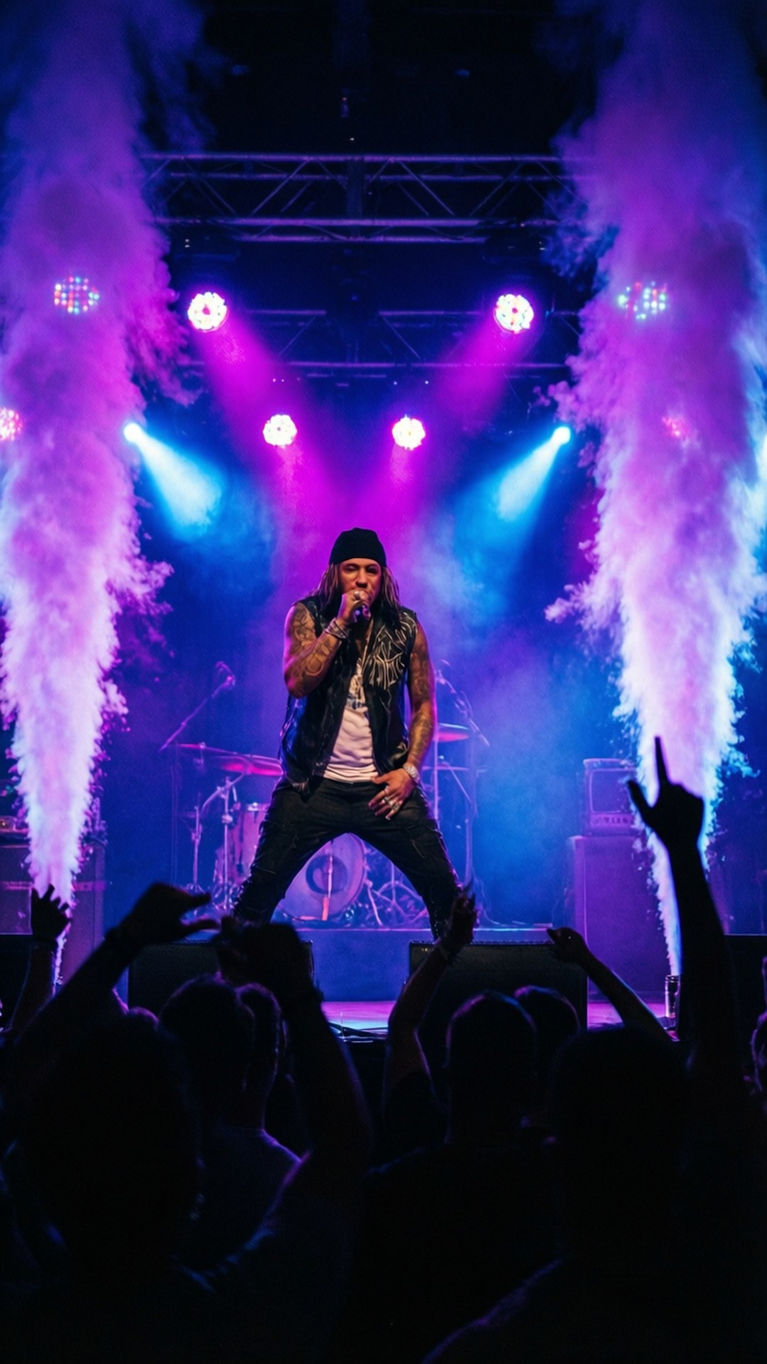 Lil Travieso optræder ved en koncert med neonlys og publikum