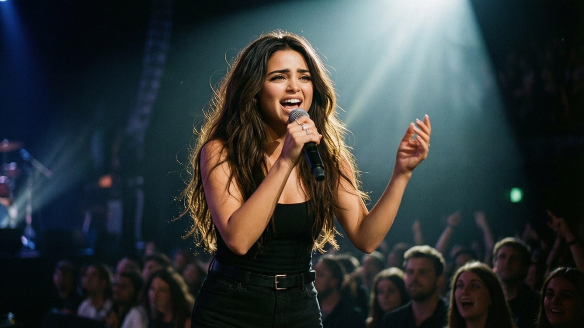 Selena Gomez esiintyy lavalla dramaattisen valaistuksen ja yleisön edessä
