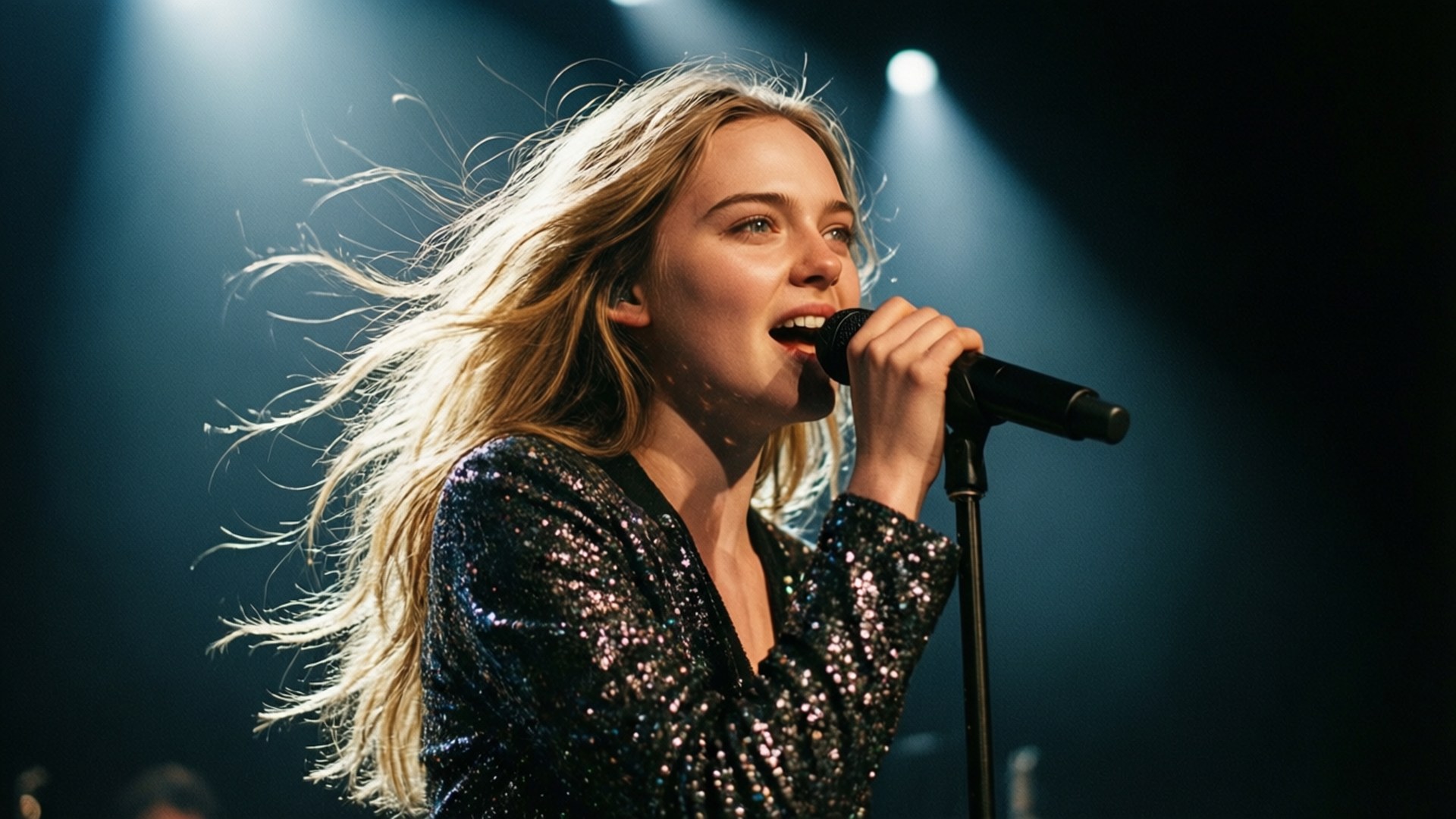 Elle Fanning singing on stage under dramatic lighting