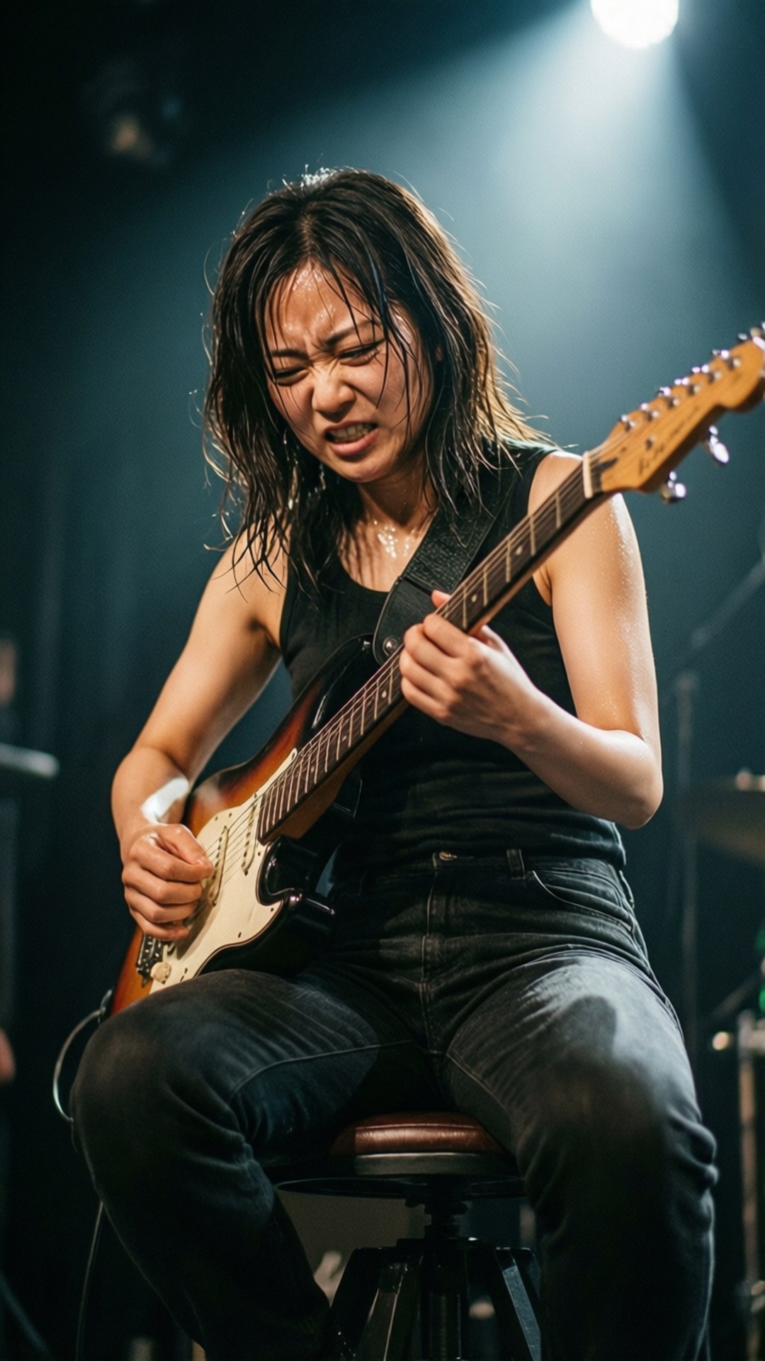 Midori Fuse opptrer på scenen med en gitar under et søkelys.