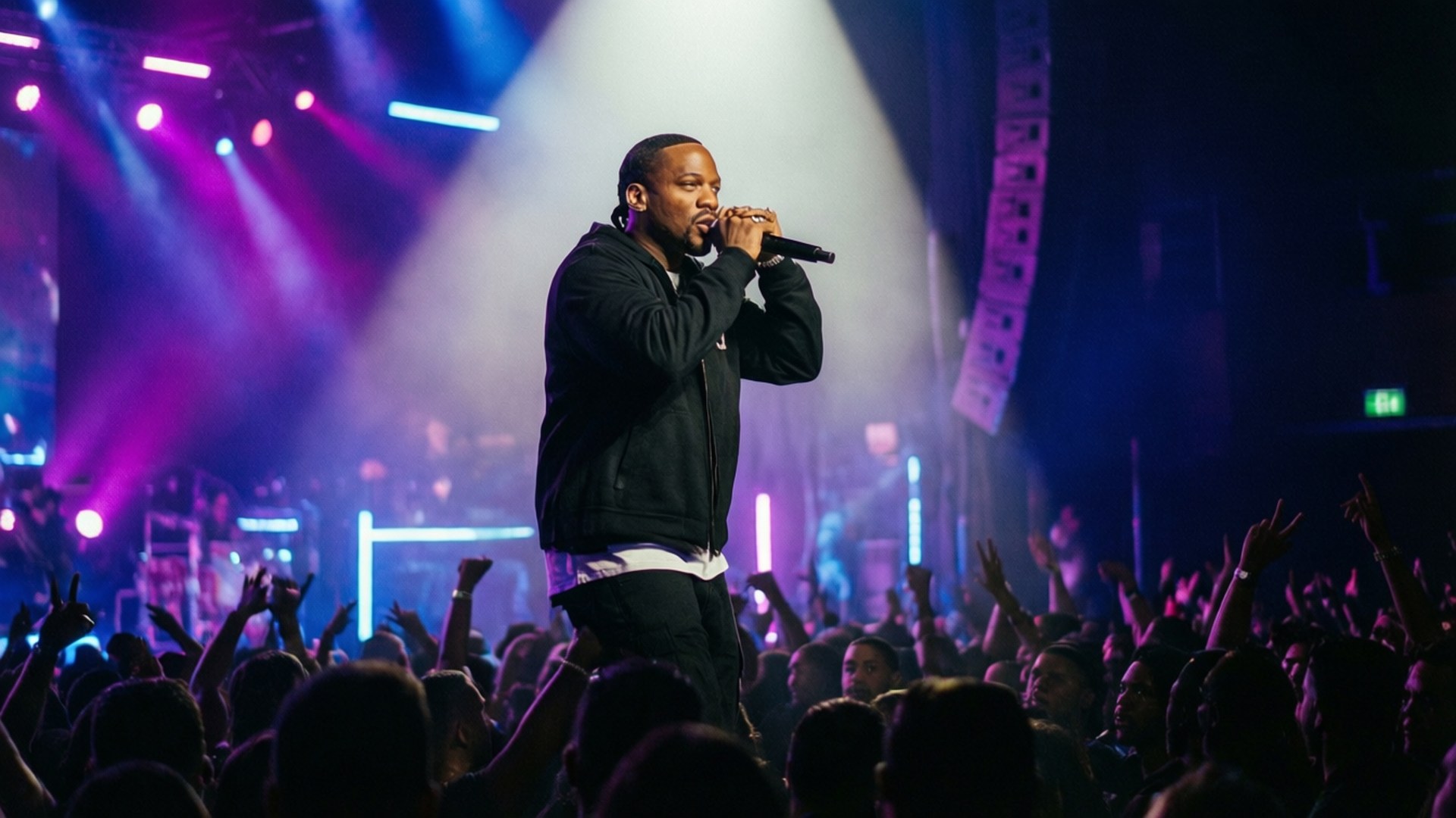 Ludacris uppträder live på scen med neonljus.