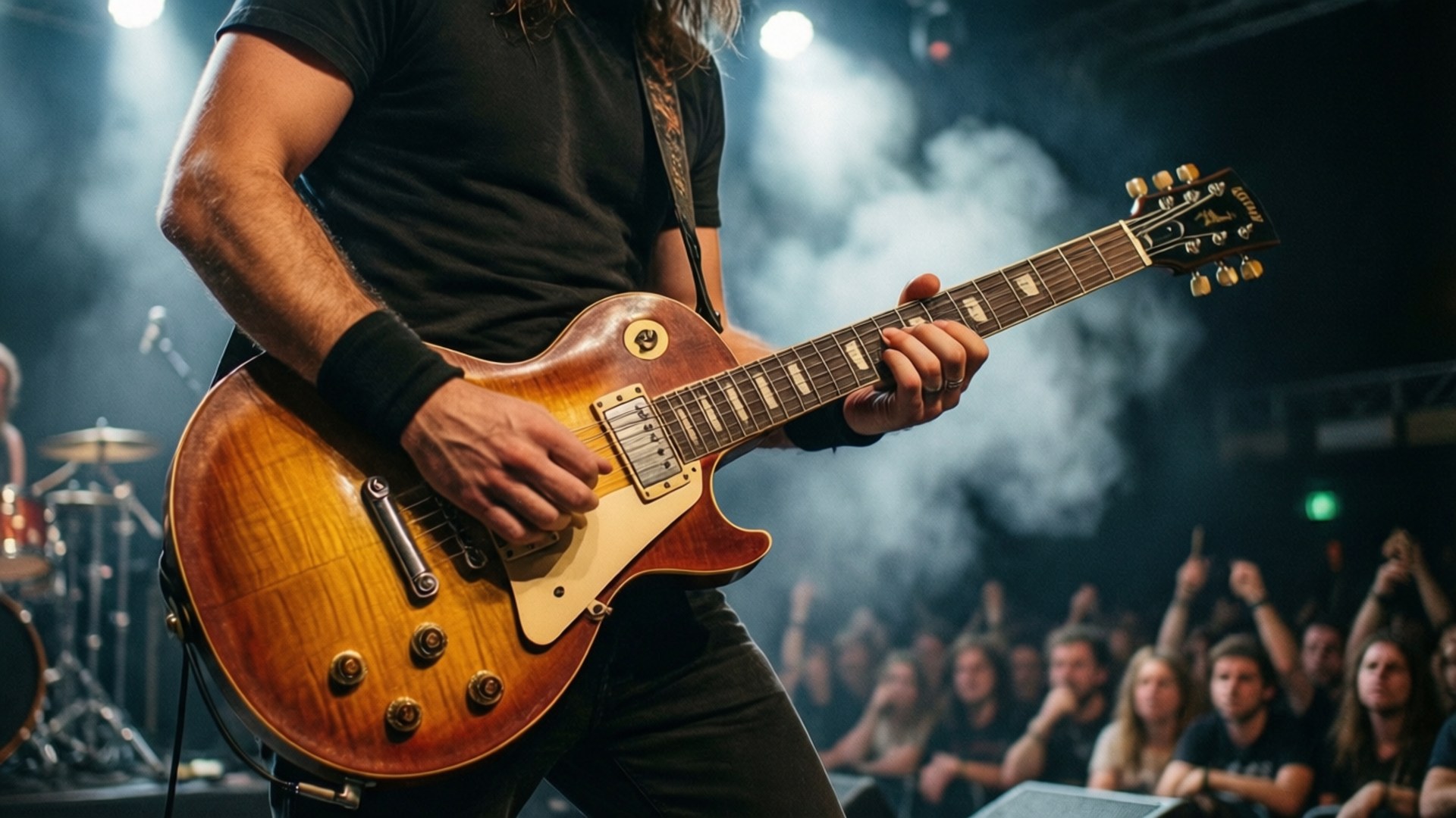 A rock guitarist performing with a sunburst Les Paul under spotlight.