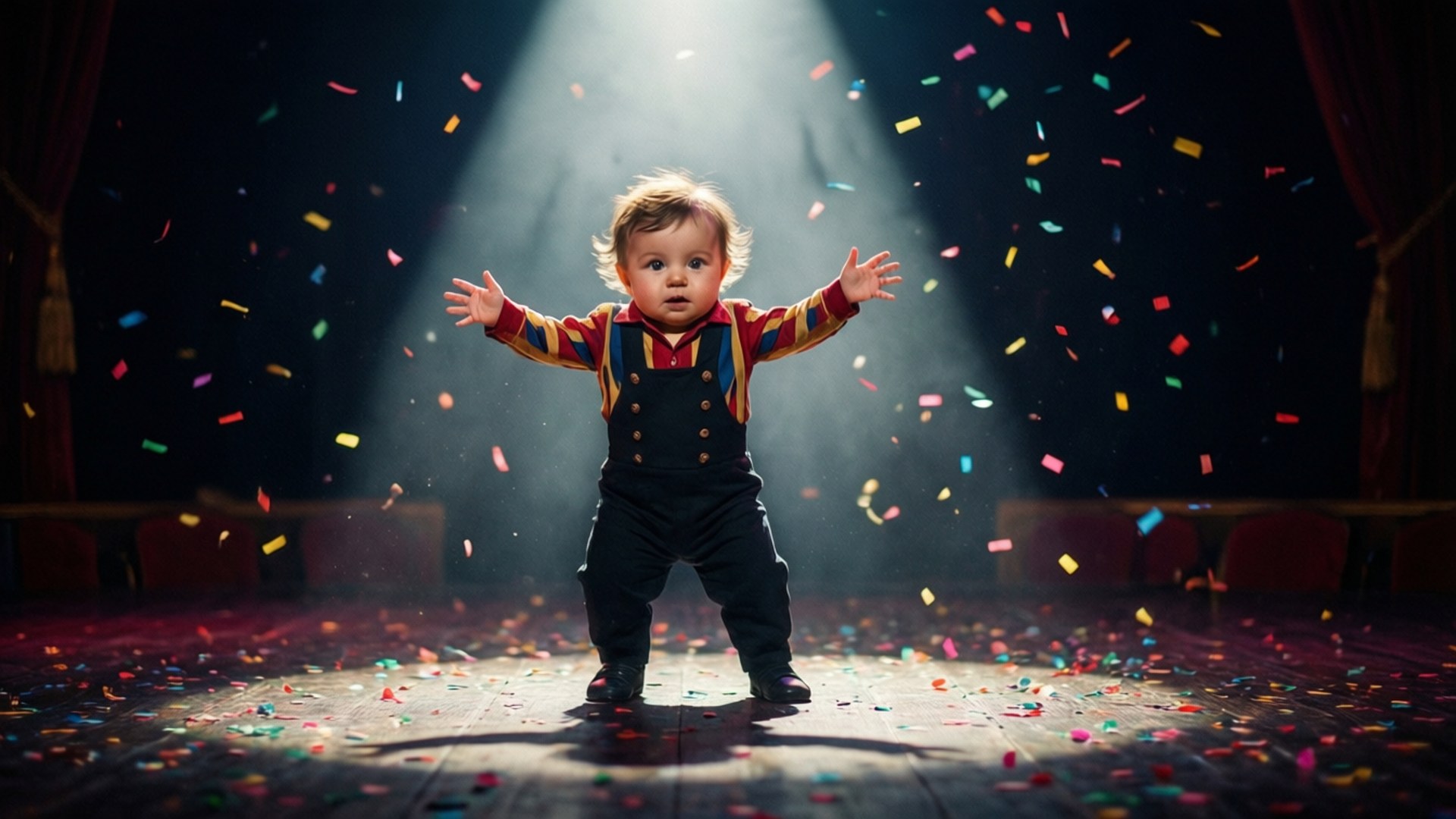 Circus Baby in a dramatic stage performance with confetti and spotlight.