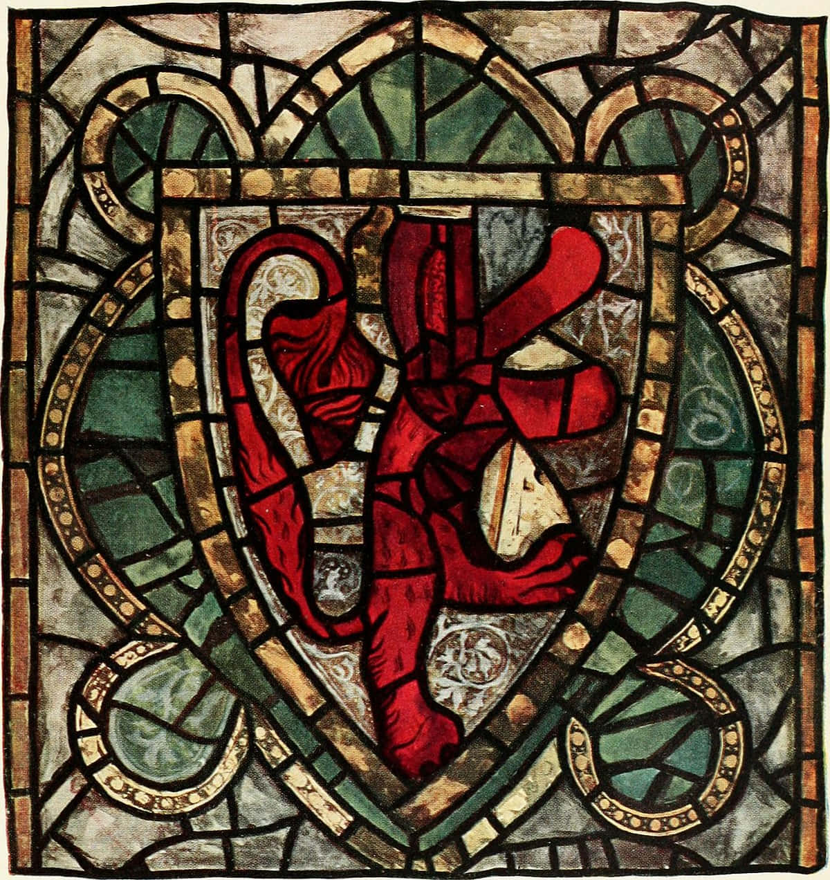 A Stained Glass Window With A Red Lion On It