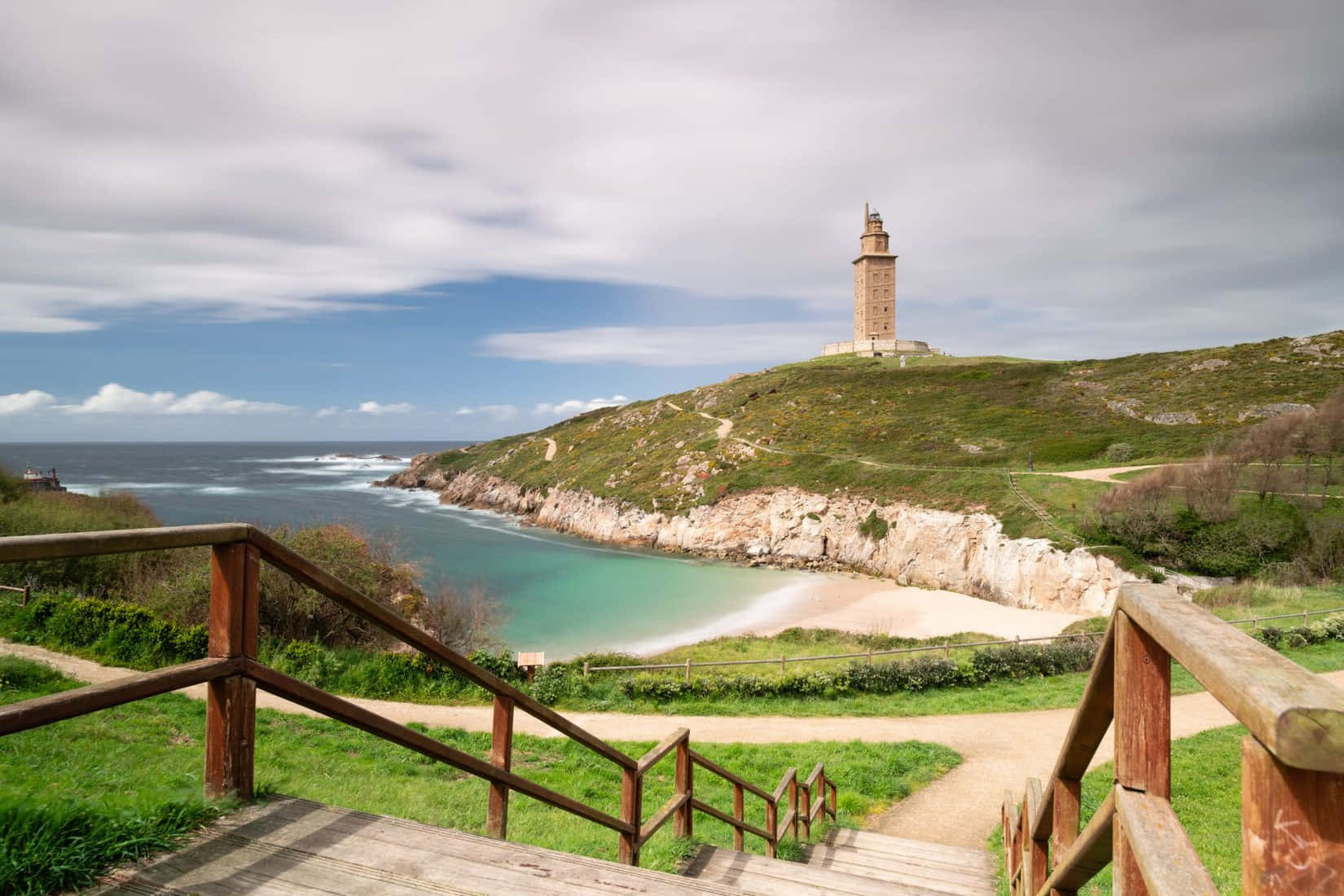 Staircase Landscape With Tower Of Hercules In Background Wallpaper