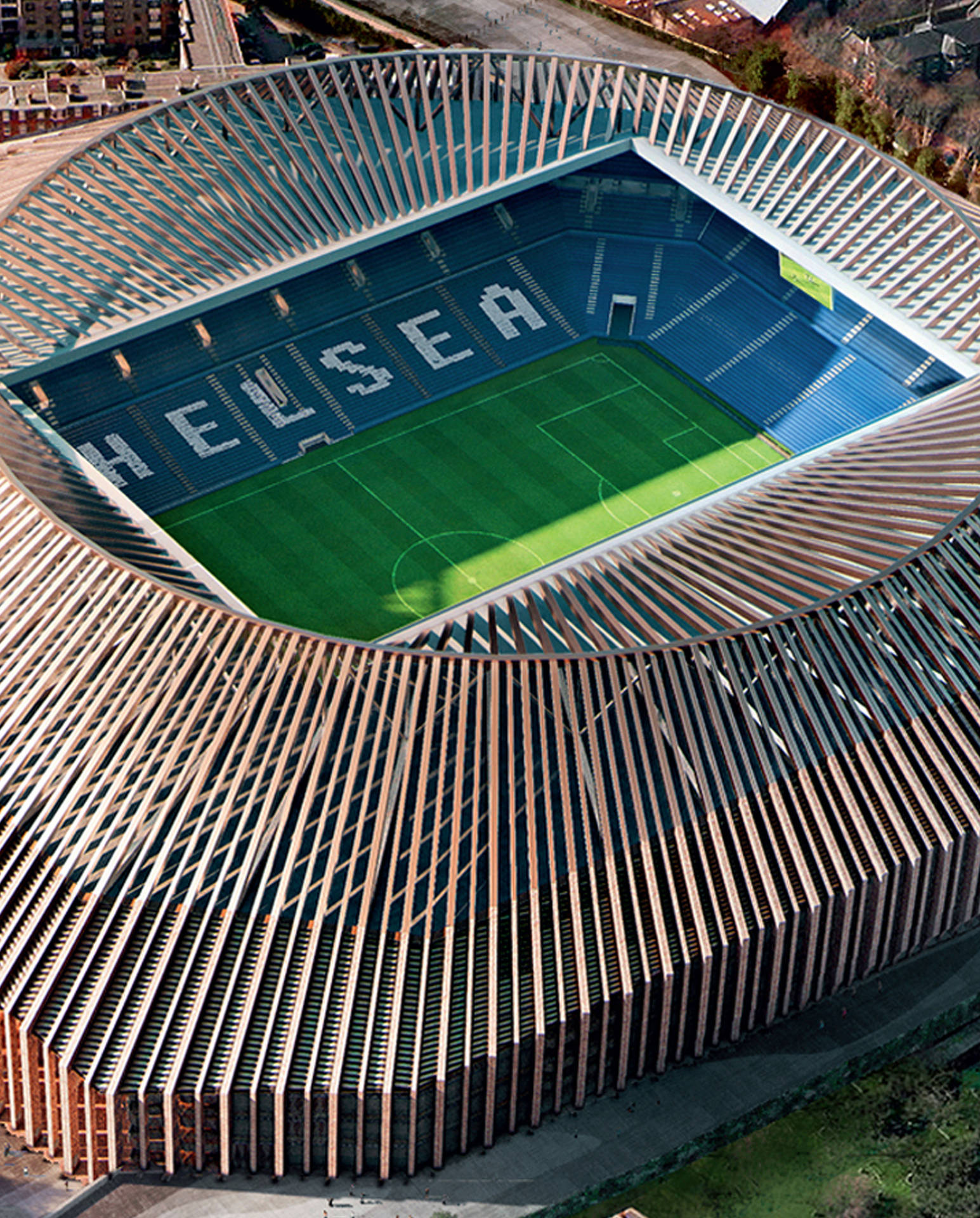 Aerial view of Chelsea Football Club in London, also known as