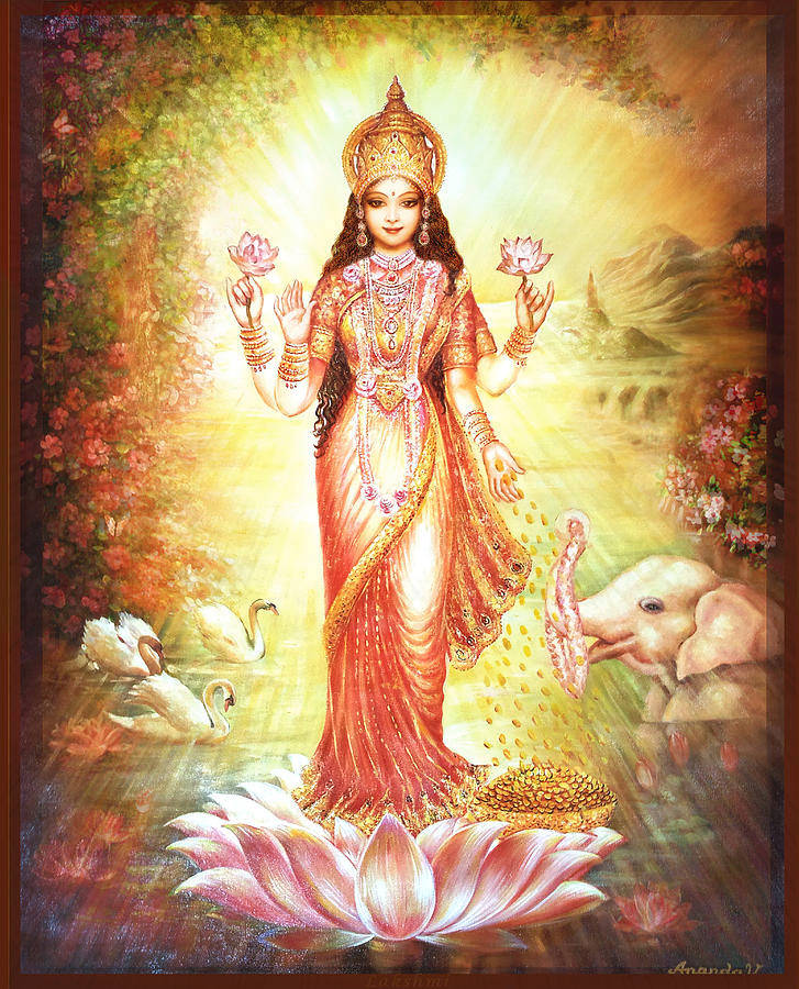 Stående Lakshmi Devi med dyr Wallpaper