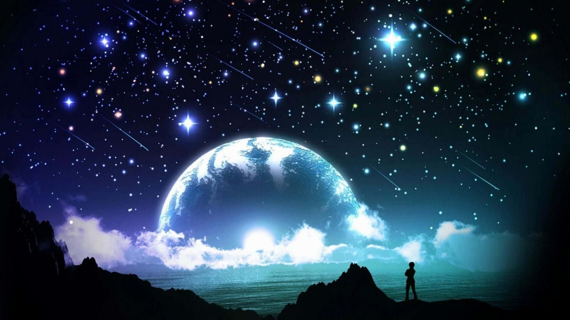 a person is standing on a rock looking at the stars