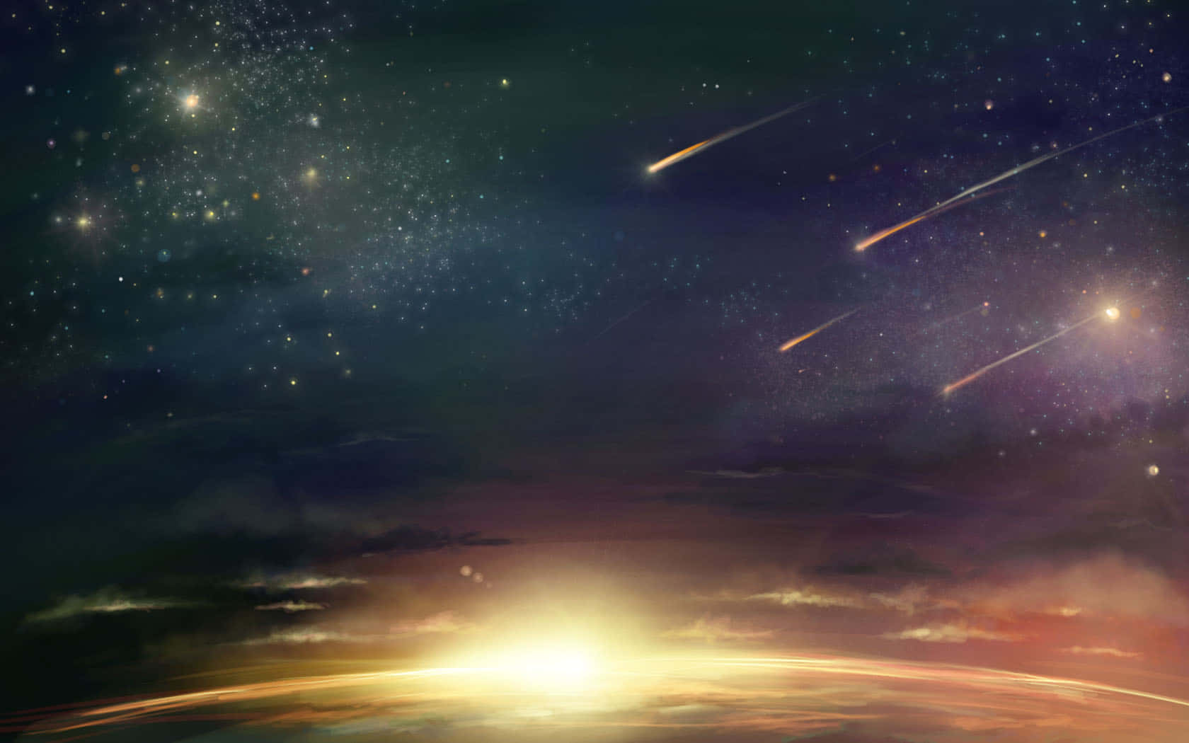 a painting of a starry sky with a sun rising