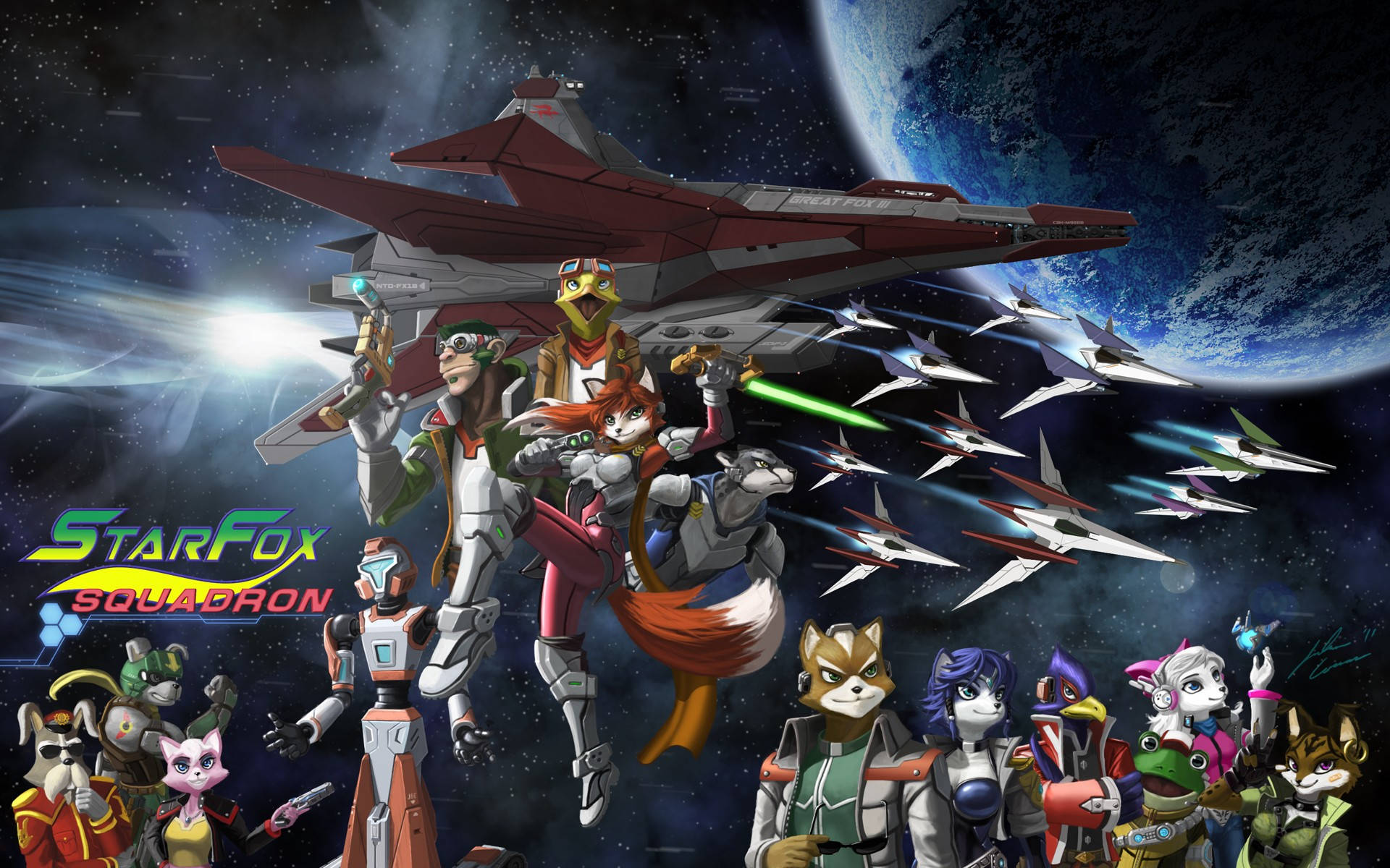 Star Fox Squadron Characters And Battleships Wallpaper