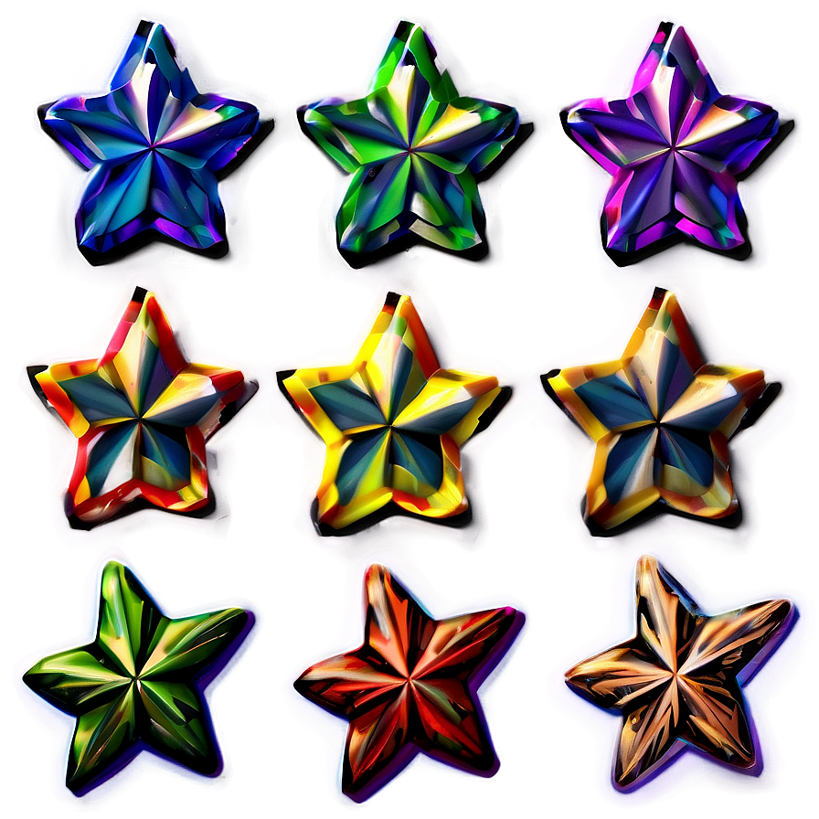 star pattern a PNG — Nine glowing faceted stars in vibrant rainbow hues float against a soft gradient background.