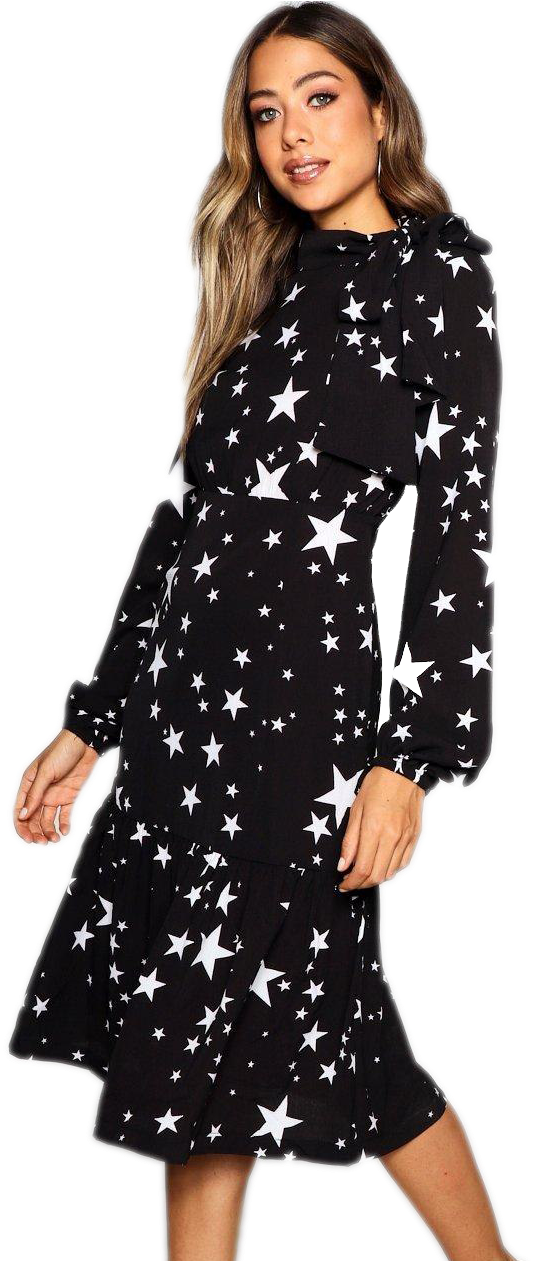 Star Patterned Black Dress Model Pose PNG