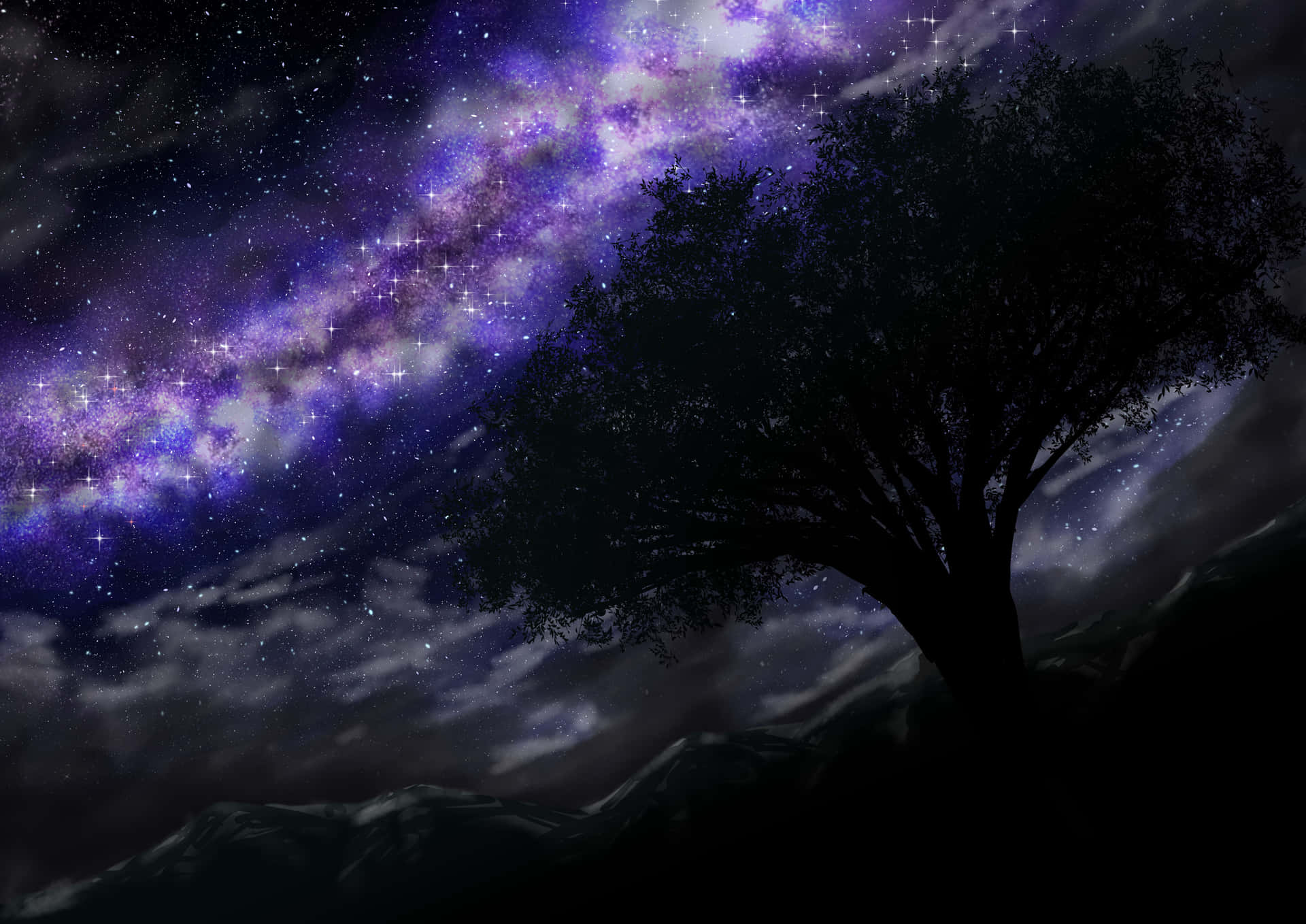 View of an illuminated starry sky from a distant mountain meadow Wallpaper