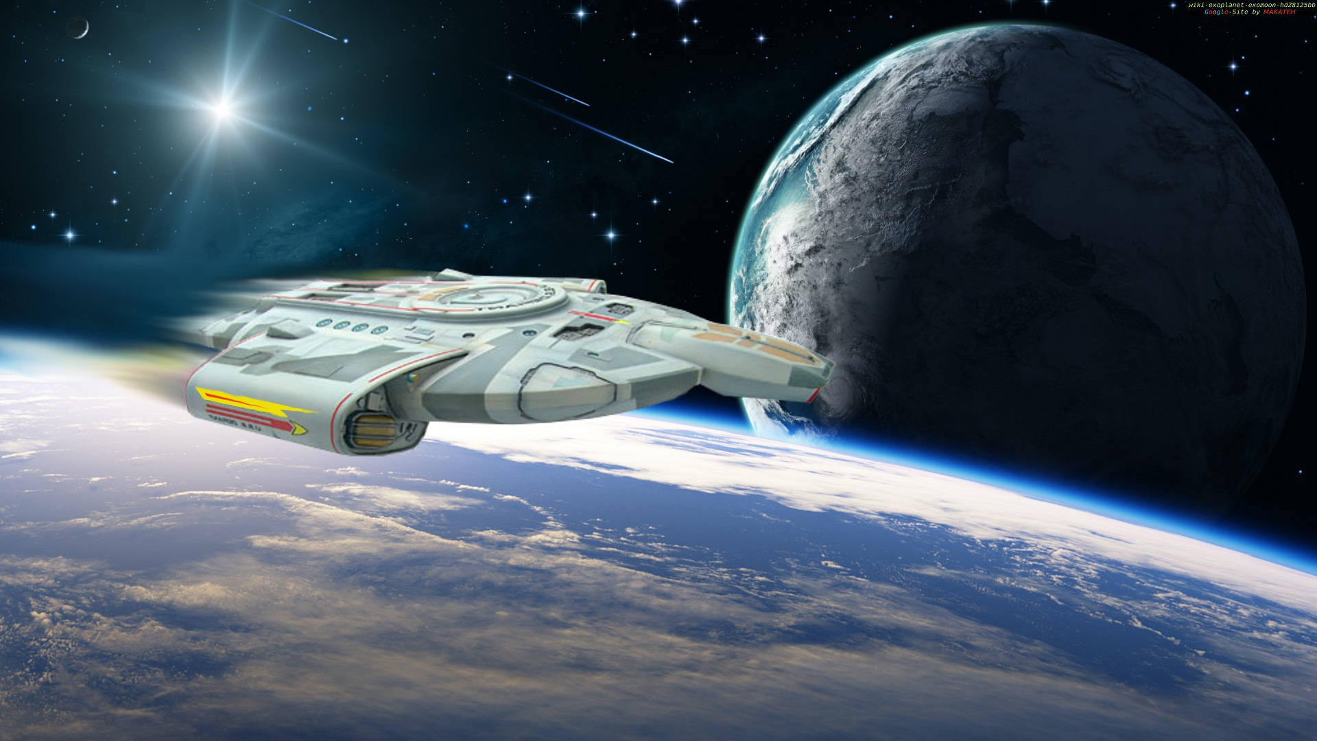 Star Trek Starship Flying Past Two Planets Wallpaper
