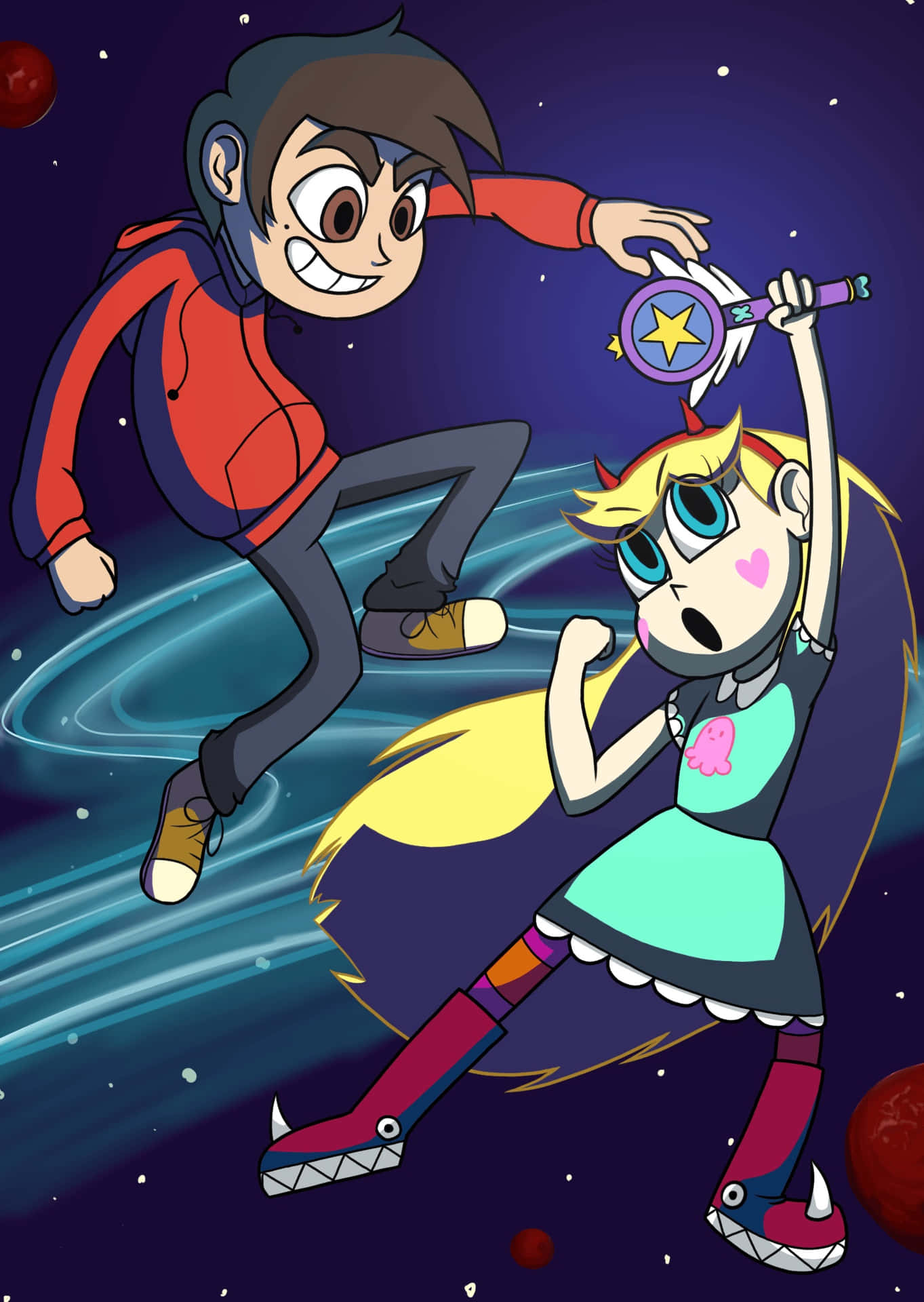 Star Butterfly and Marco Diaz from Star Vs. The Forces Of Evil in a colorful and magical background.
